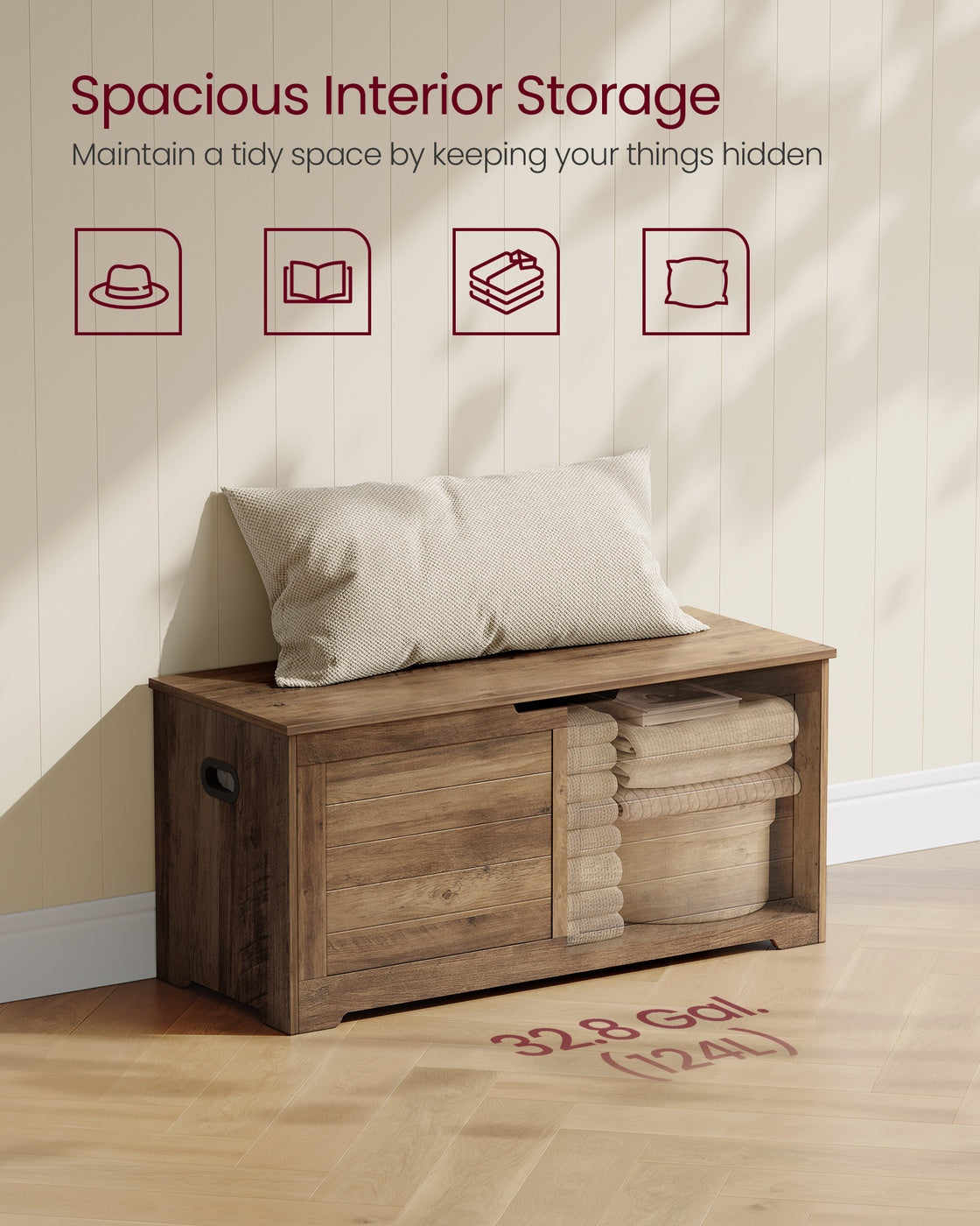 Storage Chest Blanket Box - Wood - Honey Brown - with 2 Safety Hinges