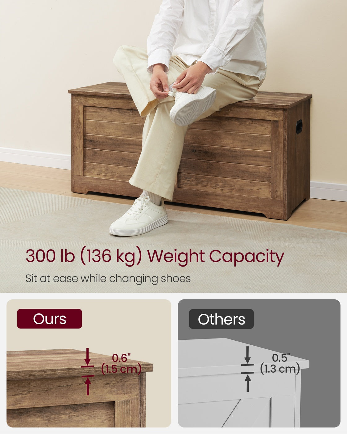 Storage Chest Blanket Box - Wood - Honey Brown - with 2 Safety Hinges
