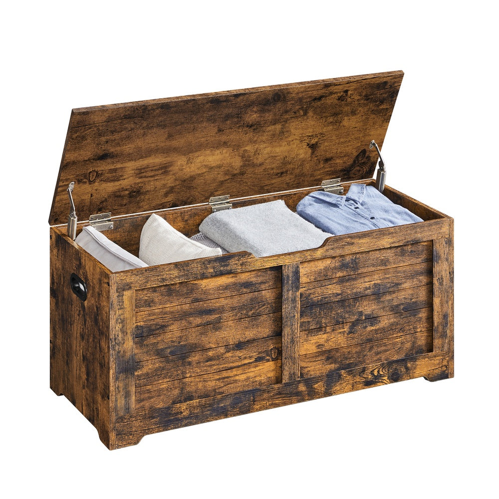 Storage Chest Blanket Box - Wood - Rustic Brown - with 2 Safety Hinges