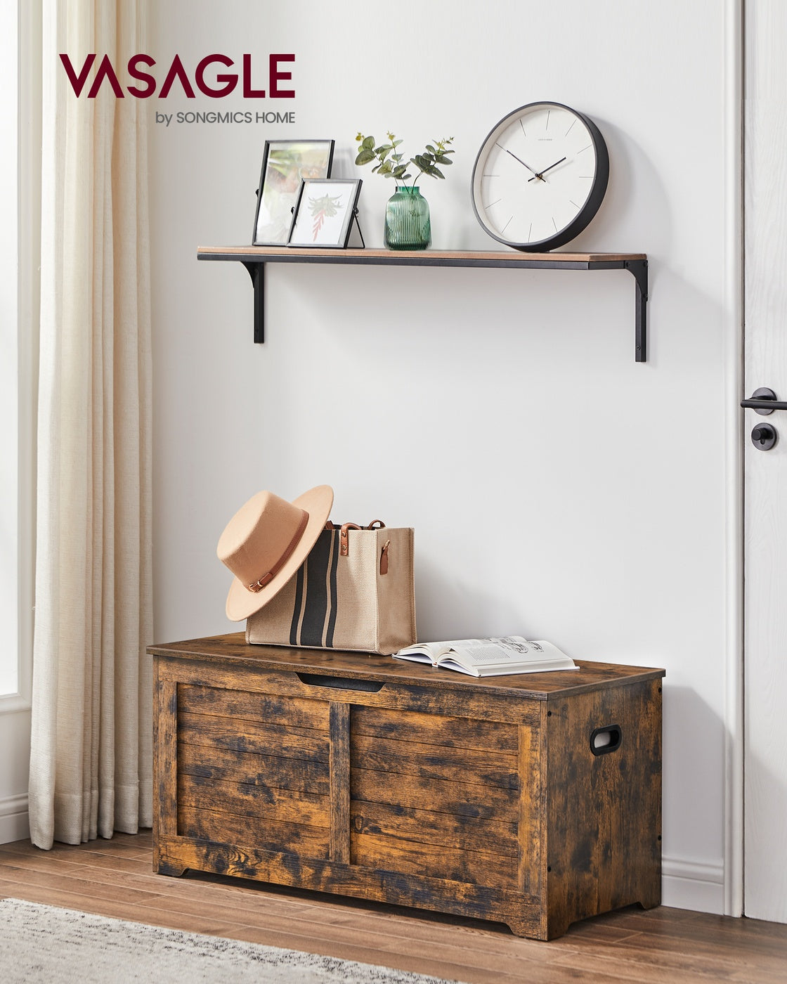 Storage Chest Blanket Box - Wood - Rustic Brown - with 2 Safety Hinges