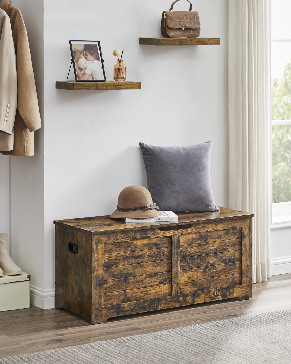 Storage Chest Blanket Box - Wood - with 2 Safety Hinges
