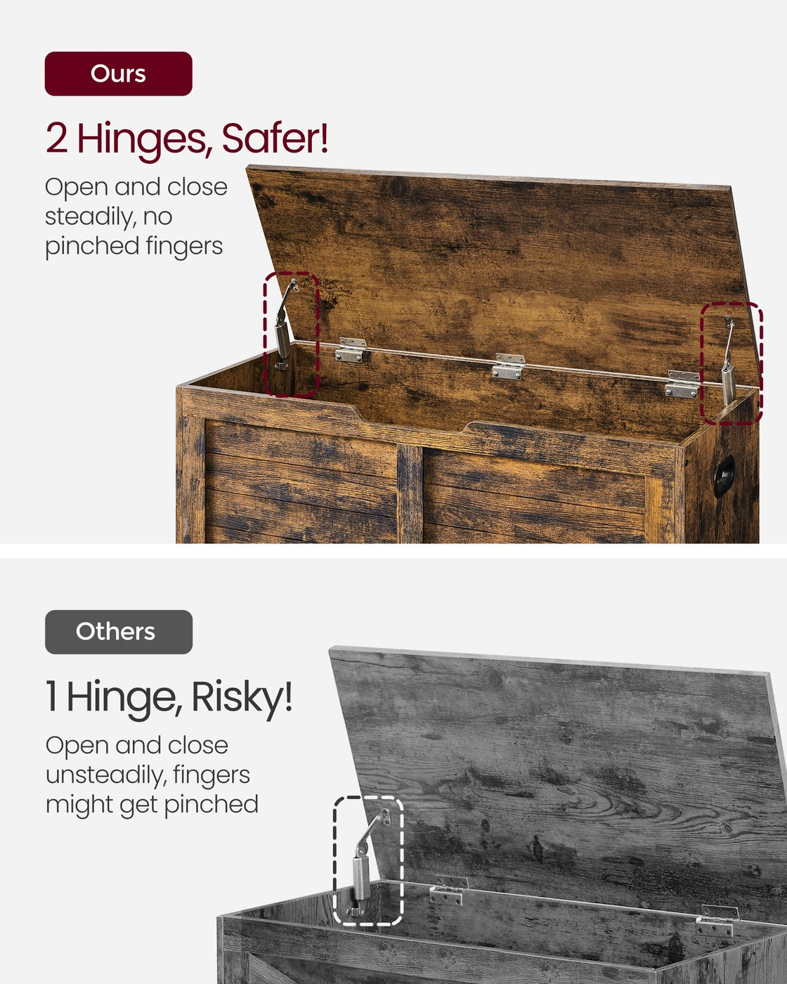 Storage Chest Blanket Box - Wood - with 2 Safety Hinges
