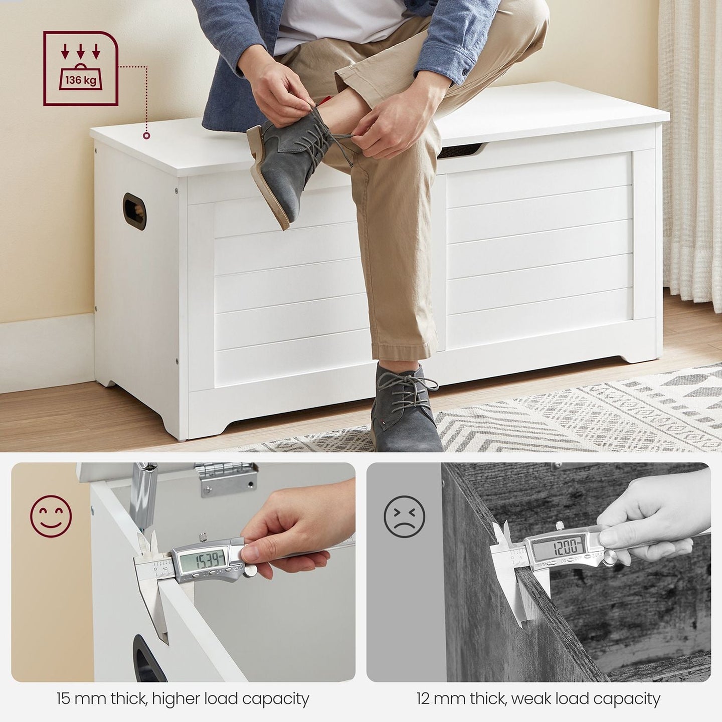Storage Bench - Engineered Wood - Matte White - Safety Hinges