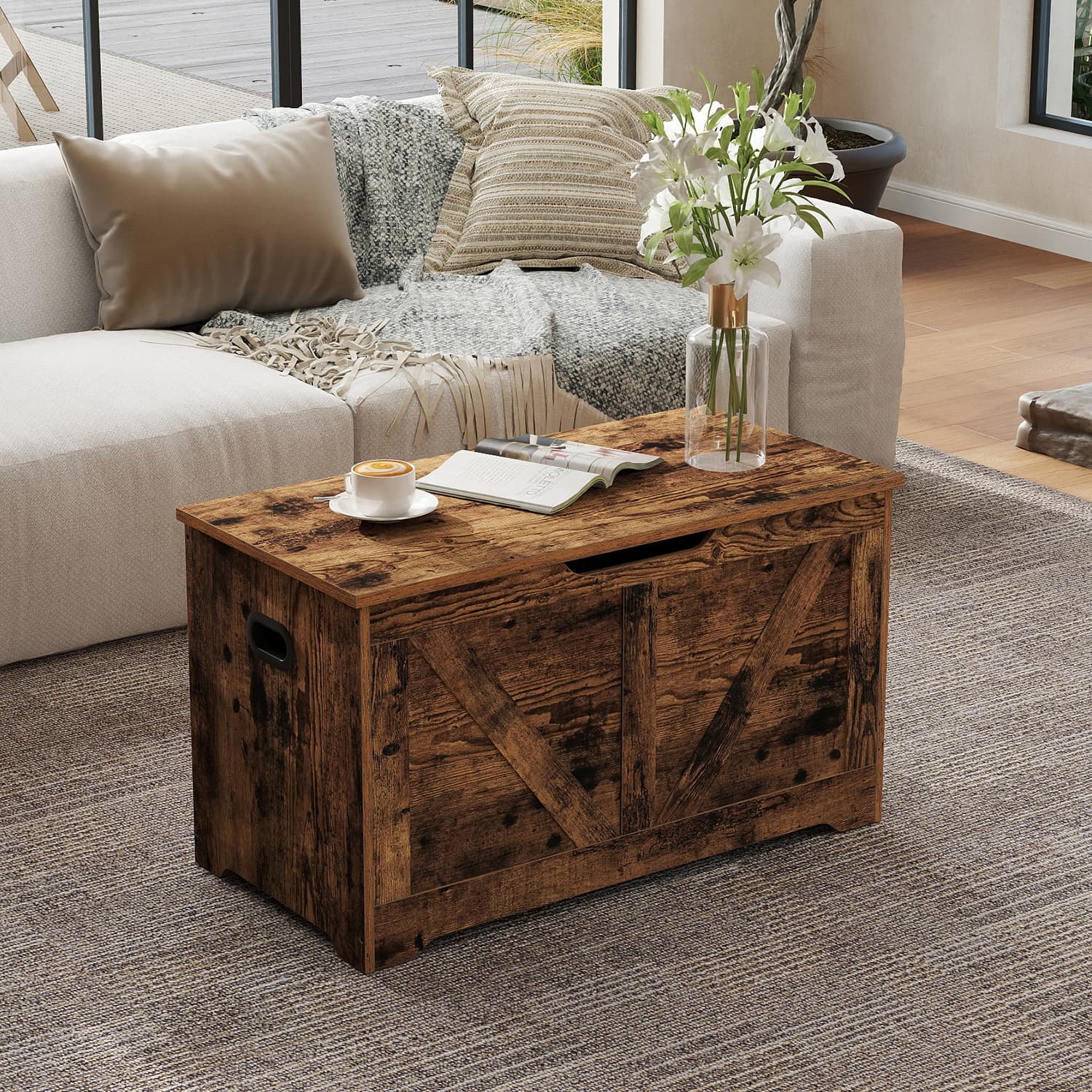 Storage Chest - Wood - Rustic Brown - Farmhouse Style with Safety Hinges and Bench Functionality