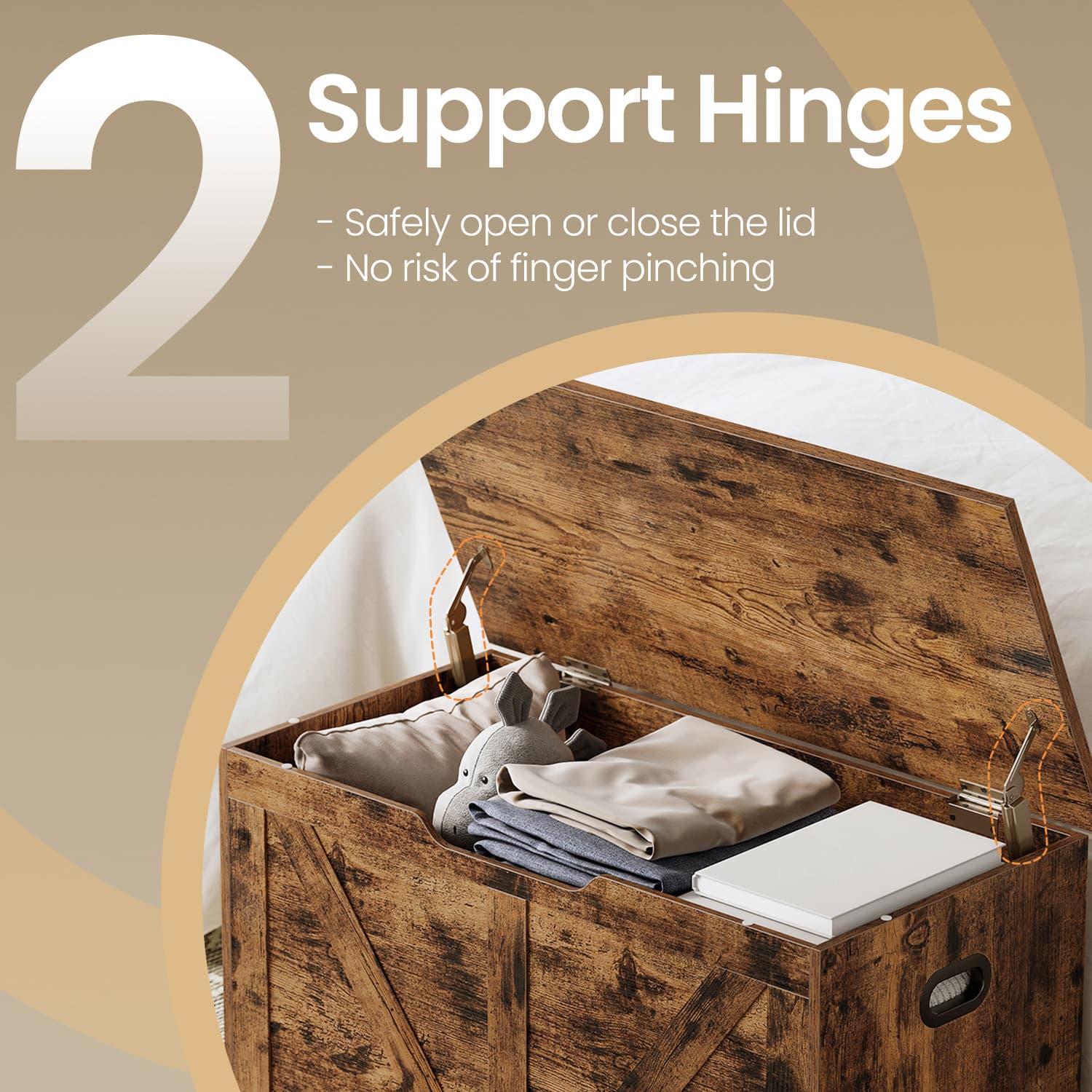 Storage Chest - Wood - Rustic Brown - Farmhouse Style with Safety Hinges and Bench Functionality