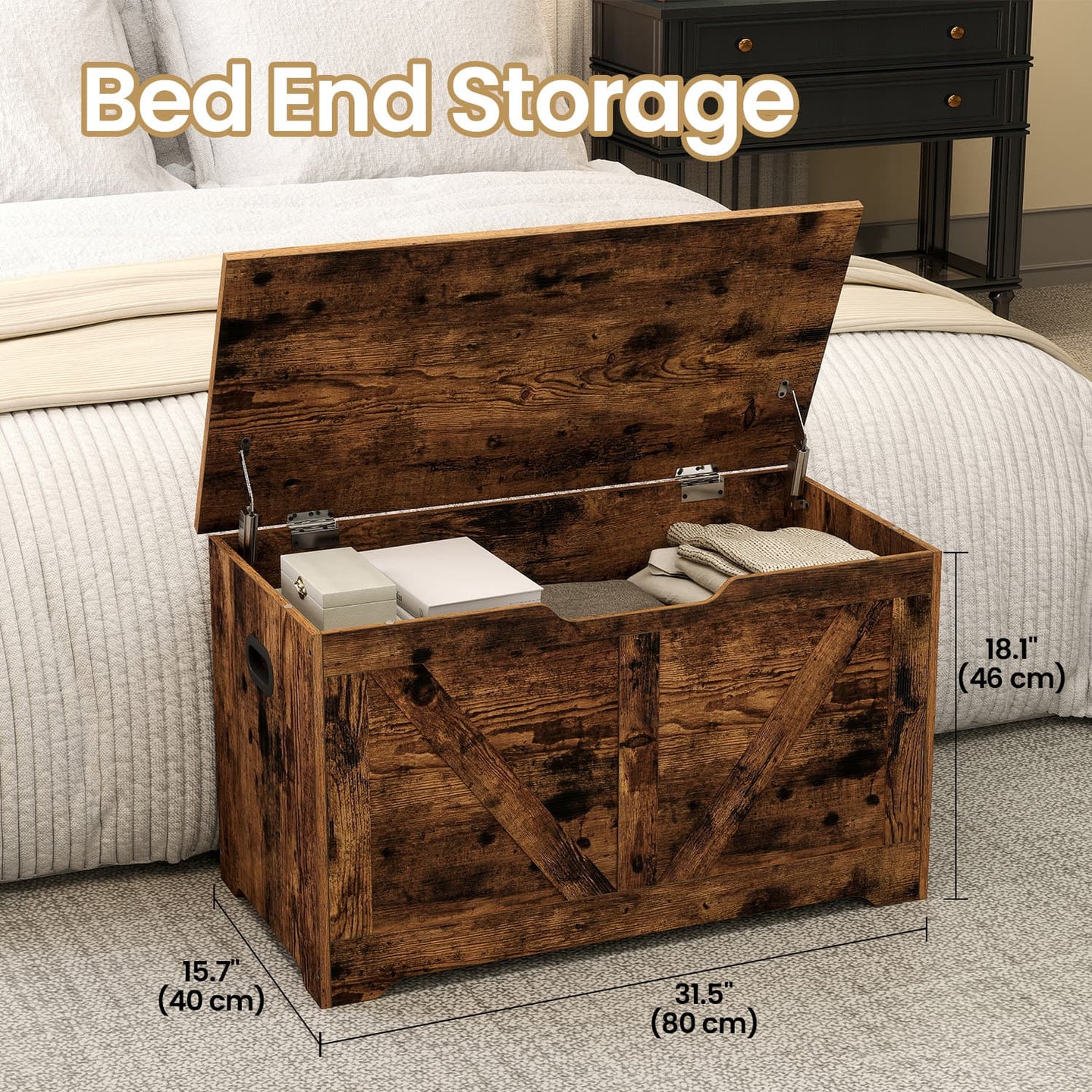 Storage Chest - Wood - Rustic Brown - Farmhouse Style with Safety Hinges and Bench Functionality