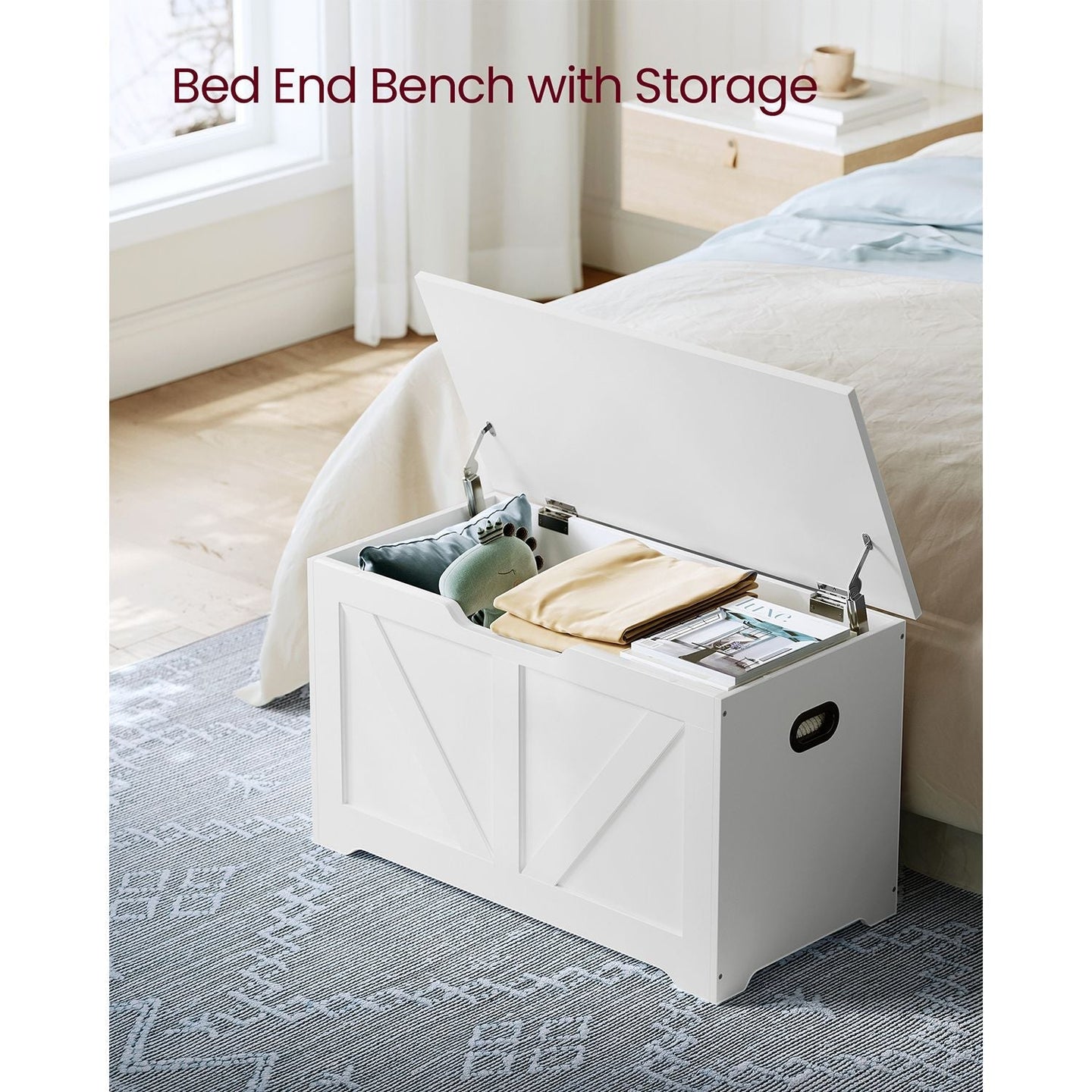 Storage Bench - 40 x 80 x 46 cm - Matte White - Multi-functional Toy Chest and Shoe Organizer with Safety Hinges
