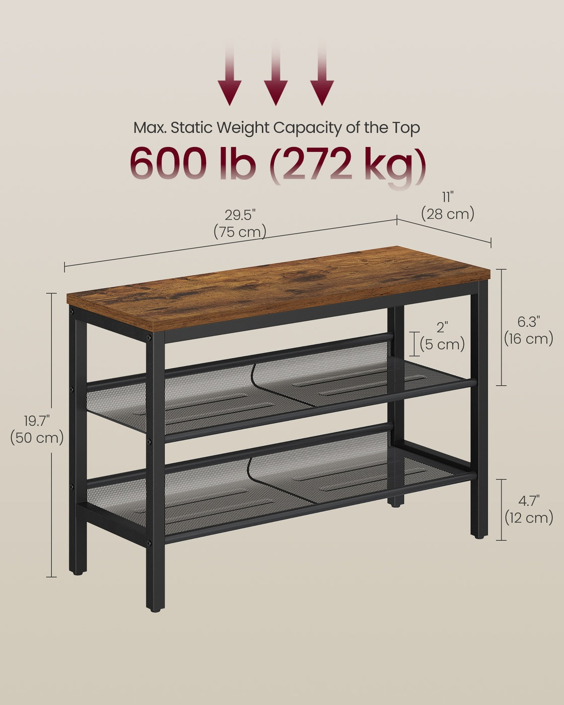 3 Tier Shoe Rack Bench - 11"D x 29.5"W x 19.7"H - Steel - Raised Edges