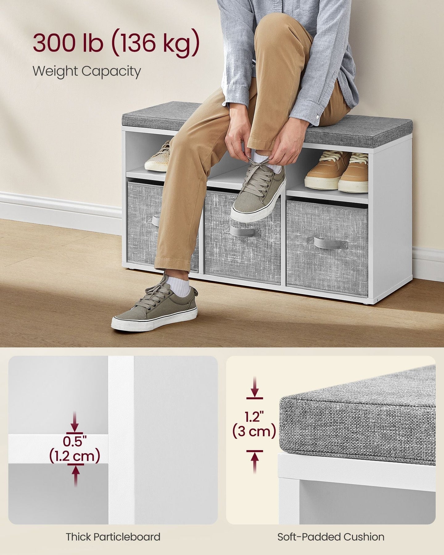 Shoe Bench - Wood - Cloud White - Cushioned Top with Adjustable Shelves