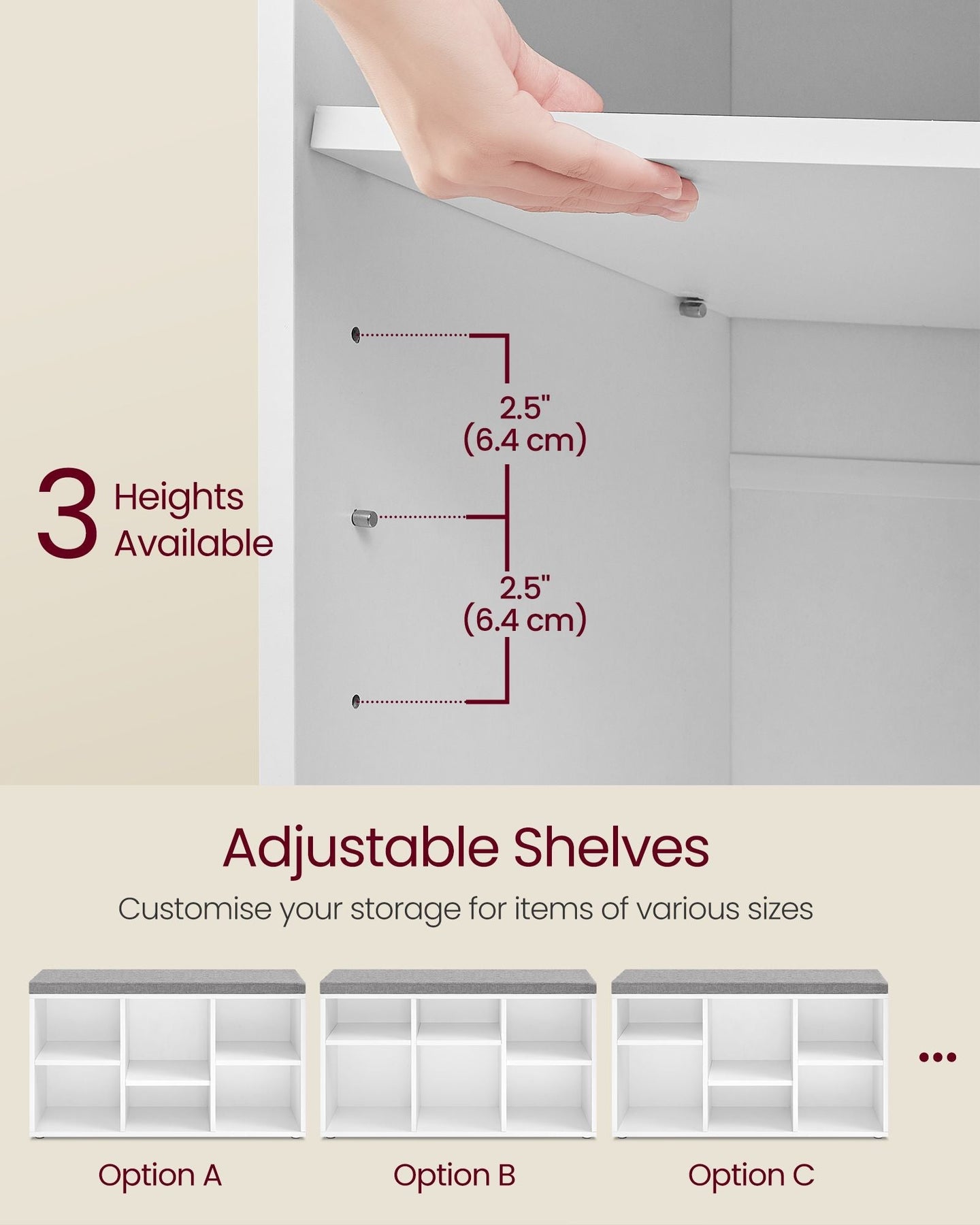 Shoe Bench - Wood - Cloud White - Cushioned Top with Adjustable Shelves