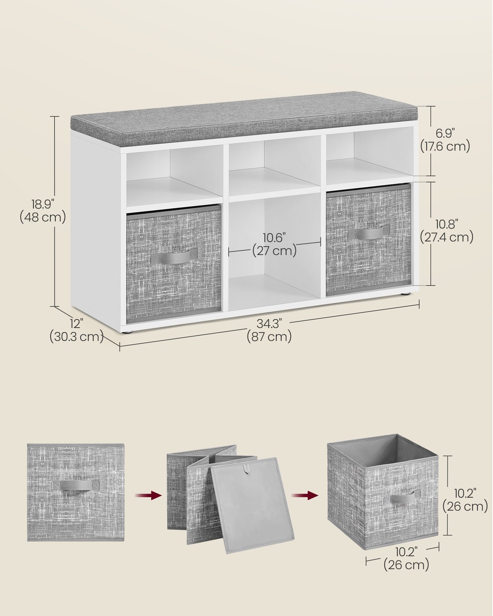 Shoe Bench - Wood - Cloud White - Cushioned Top with Adjustable Shelves