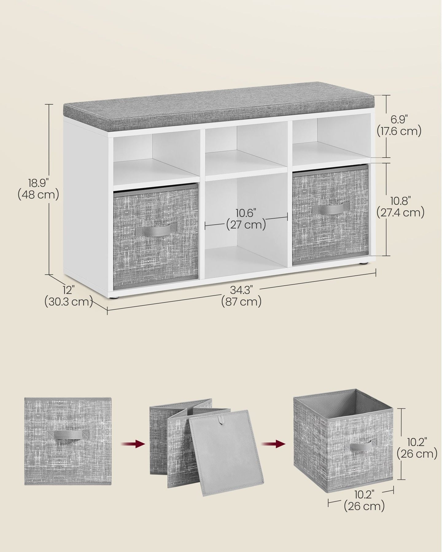 Shoe Bench - Wood - Cloud White - Cushioned Top with Adjustable Shelves