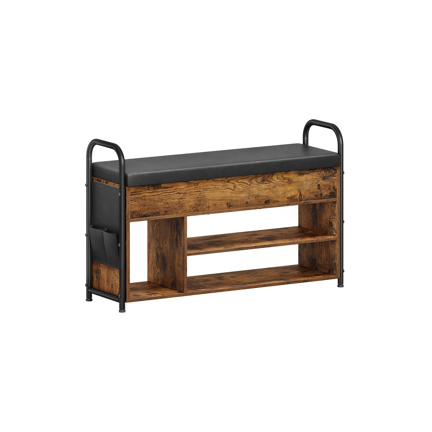 Shoe Storage Bench - Wood - Rustic Brown - Inner Storage with PU Pockets and Handles