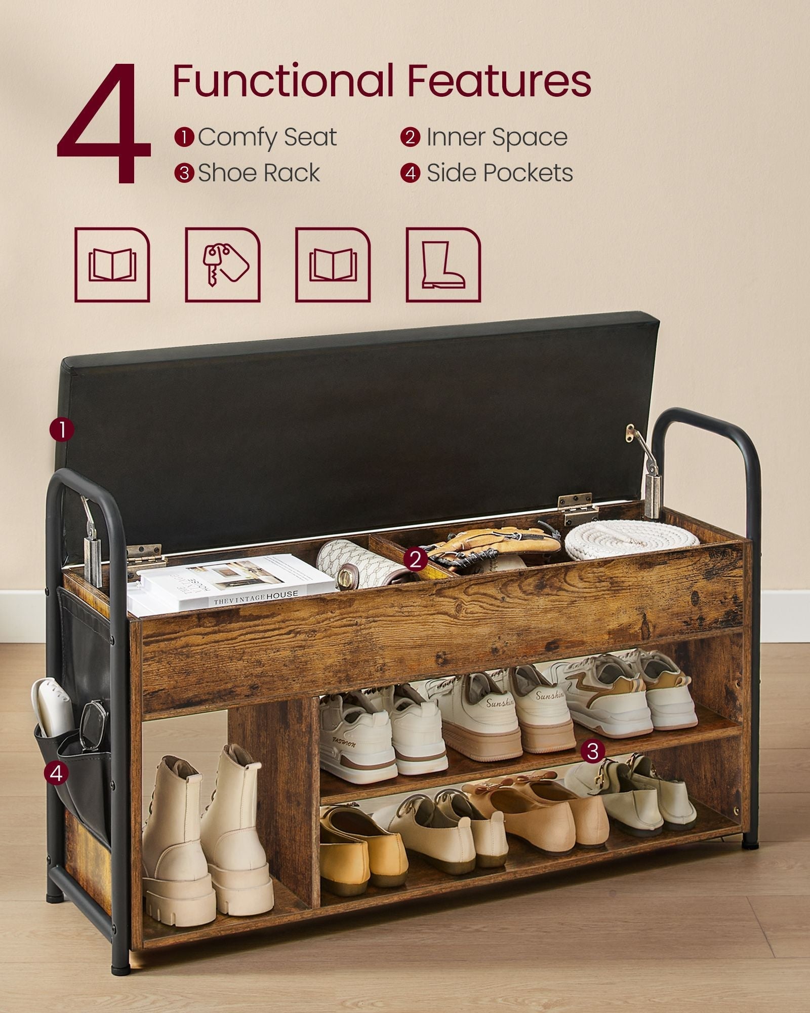 Shoe Storage Bench - Wood - Rustic Brown - Inner Storage with PU Pockets and Handles