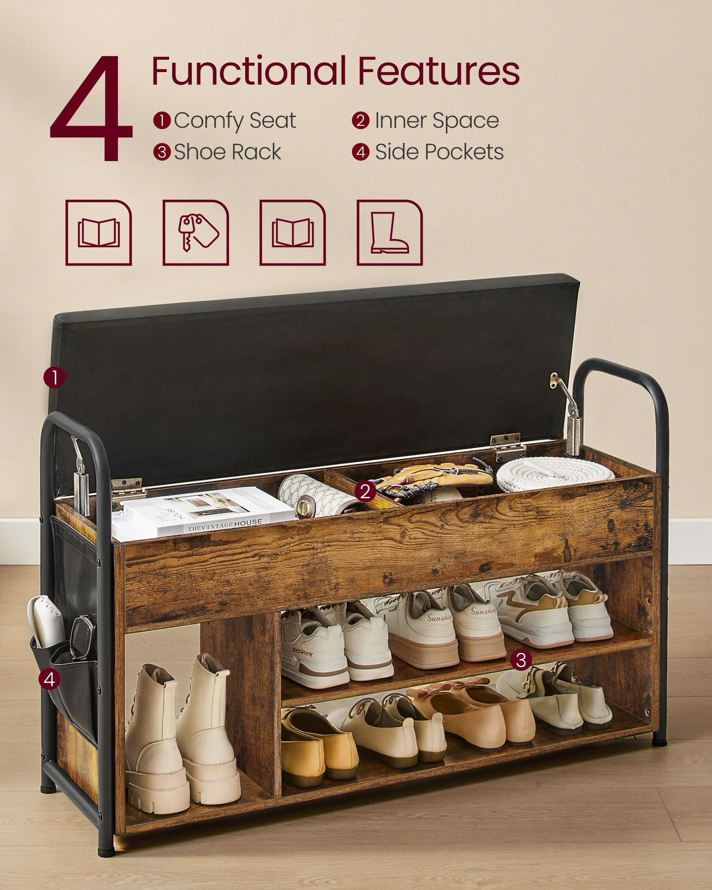 Shoe Storage Bench - Wood - Rustic Brown - Inner Storage with PU Pockets and Handles