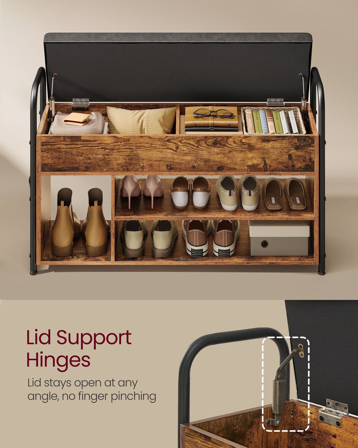 Shoe Storage Bench - Wood - Rustic Brown - Inner Storage with PU Pockets and Handles
