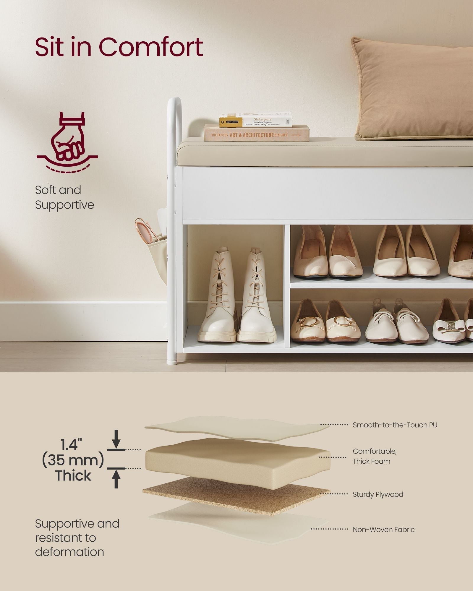 Shoe Rack - Wood - Rustic Brown - Storage Bench with Inner Compartment and PU Pockets