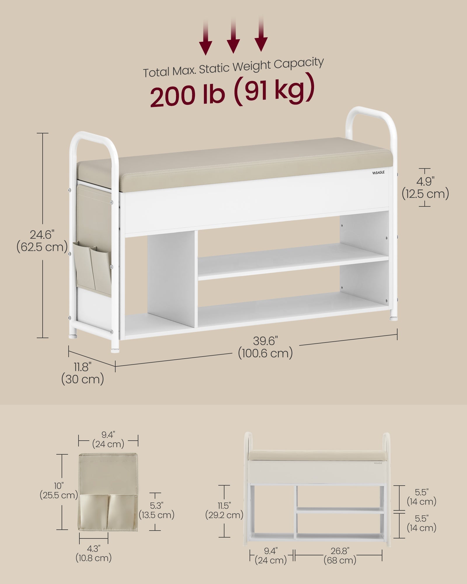 Shoe Rack - Wood - Rustic Brown - Storage Bench with Inner Compartment and PU Pockets