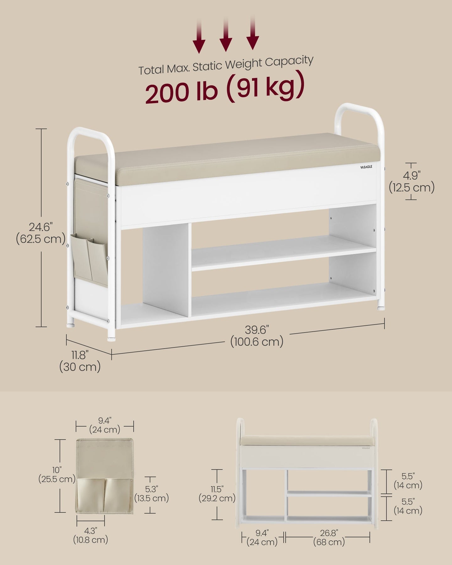 Shoe Rack - Wood - Rustic Brown - Storage Bench with Inner Compartment and PU Pockets