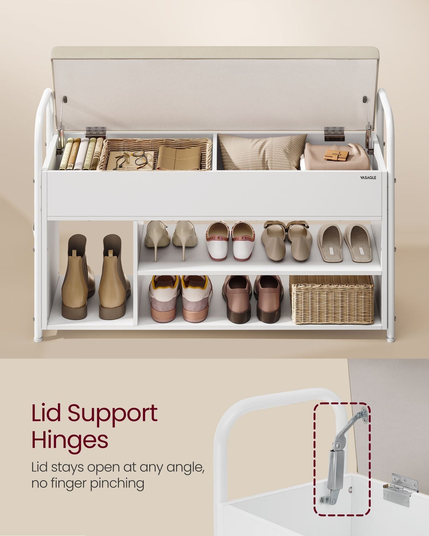 Shoe Rack - Wood - Rustic Brown - Storage Bench with Inner Compartment and PU Pockets
