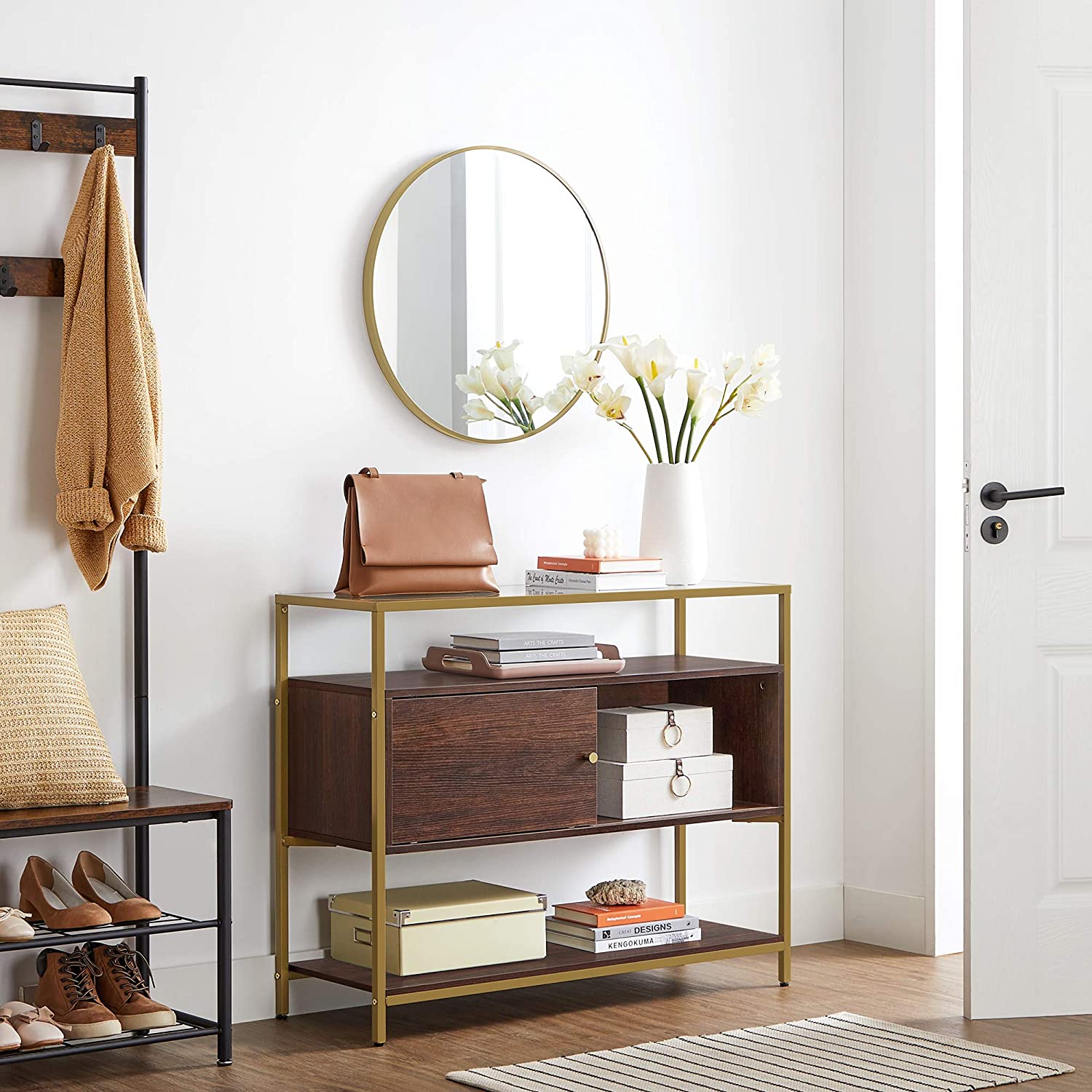 Sideboard - Glass - Chocolate Brown - Sliding Door and Open Shelf