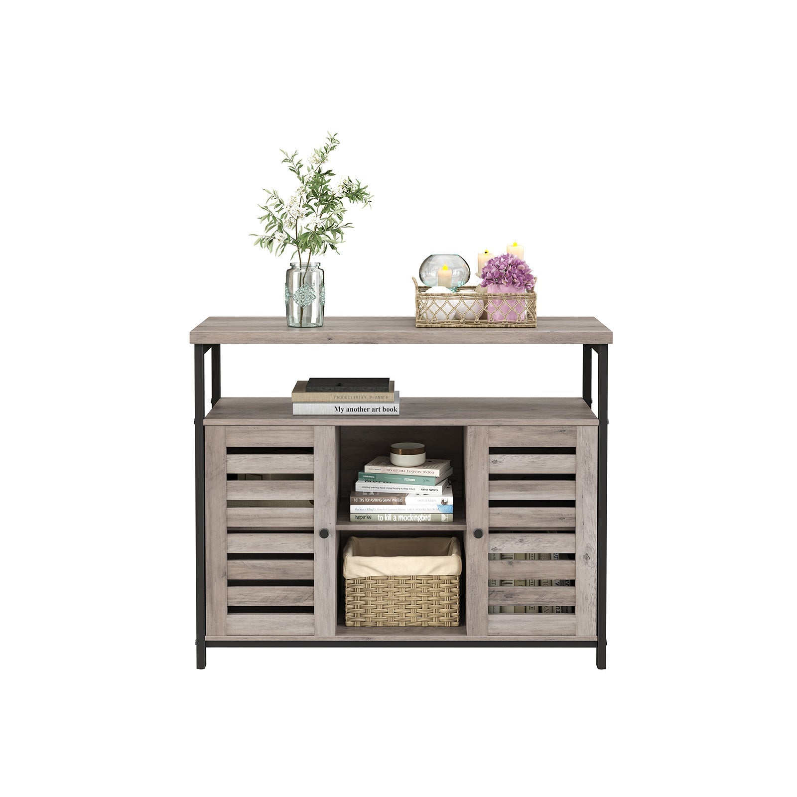 Standing Cabinet - Wood - Greige and Black - Multi-functional Storage with Louvred Doors