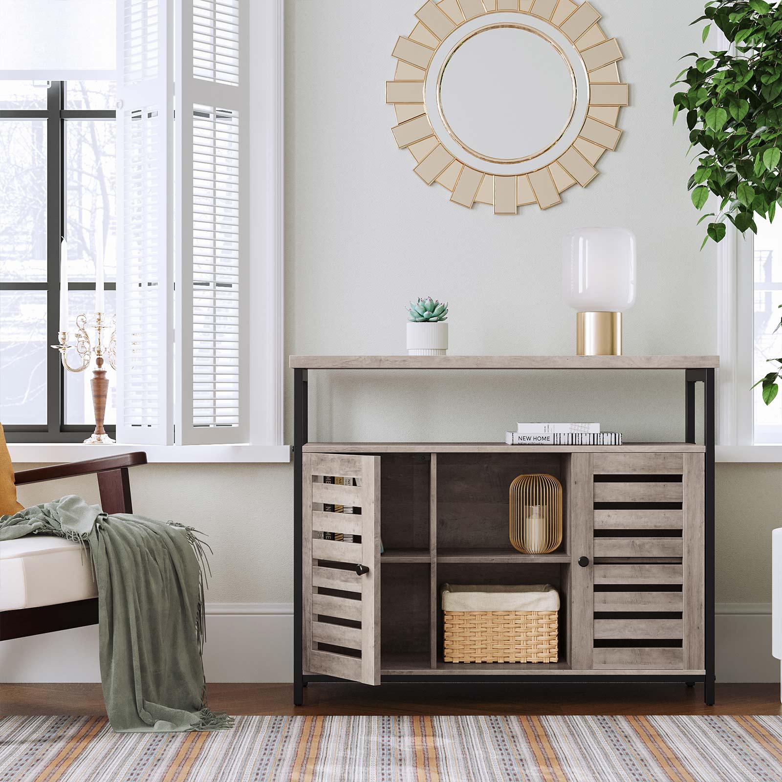 Standing Cabinet - Wood - Greige and Black - Multi-functional Storage with Louvred Doors