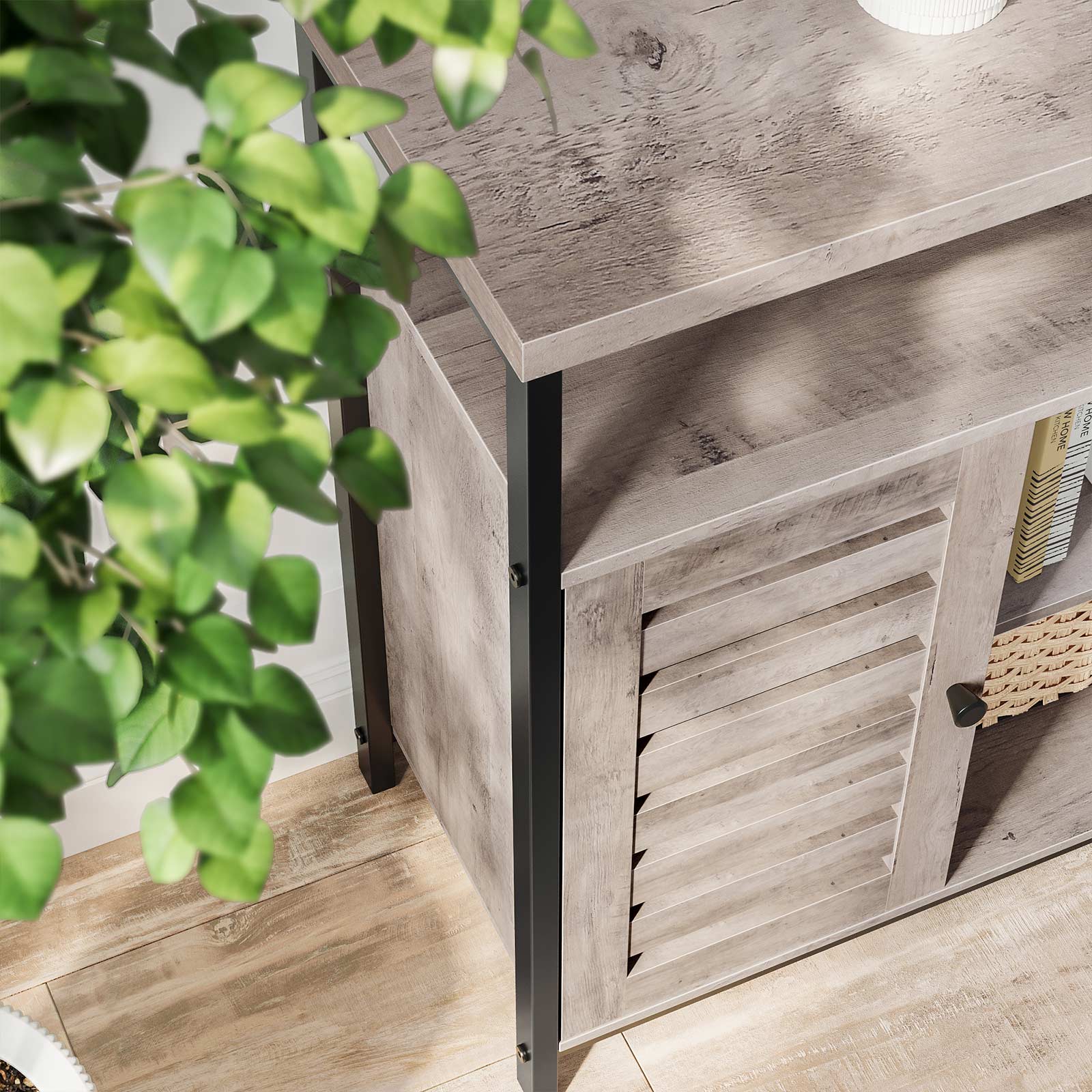 Standing Cabinet - Wood - Greige and Black - Multi-functional Storage with Louvred Doors