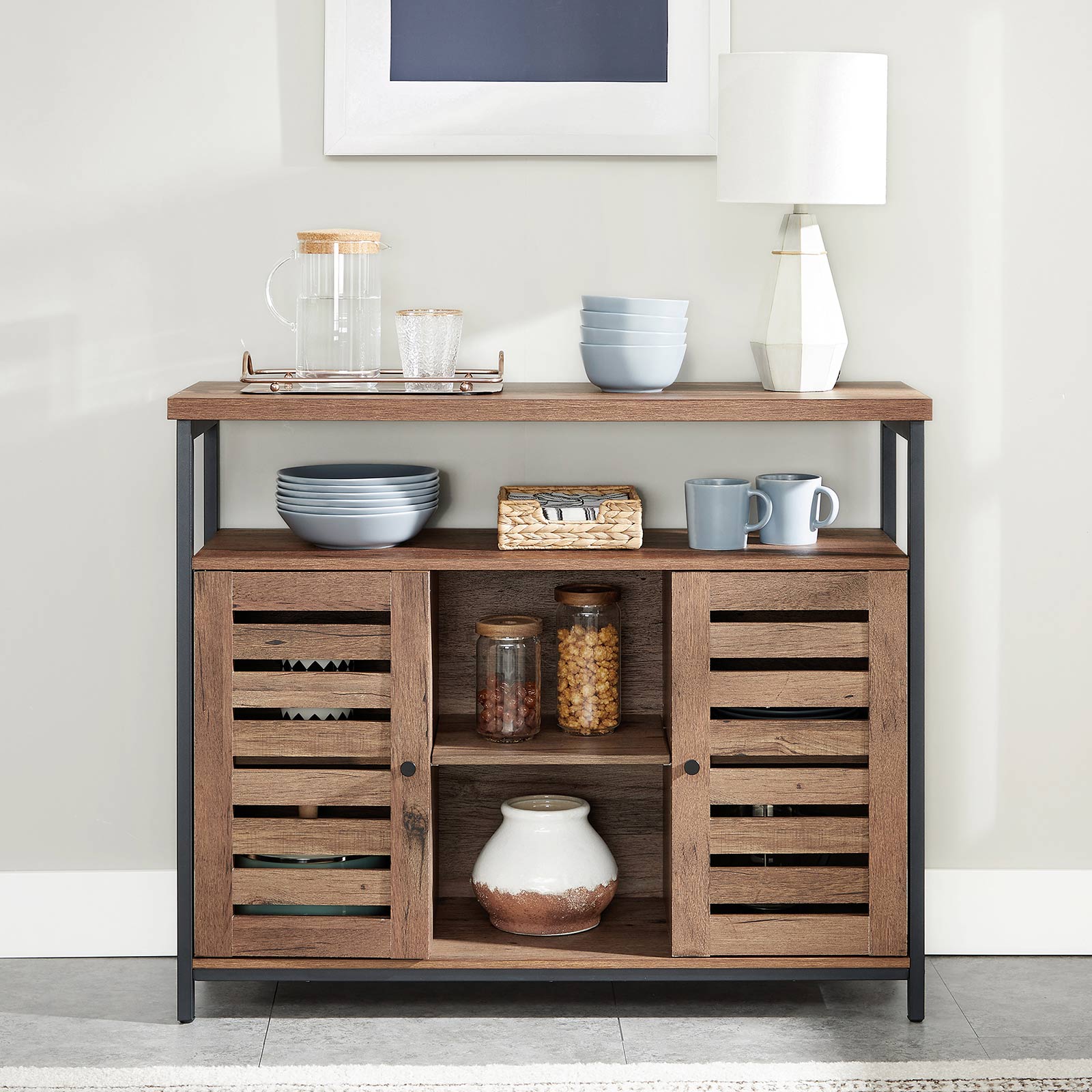 Floor Standing Cabinet - Wood - Greige and Black - Cupboard with Shelves and Louvred Doors
