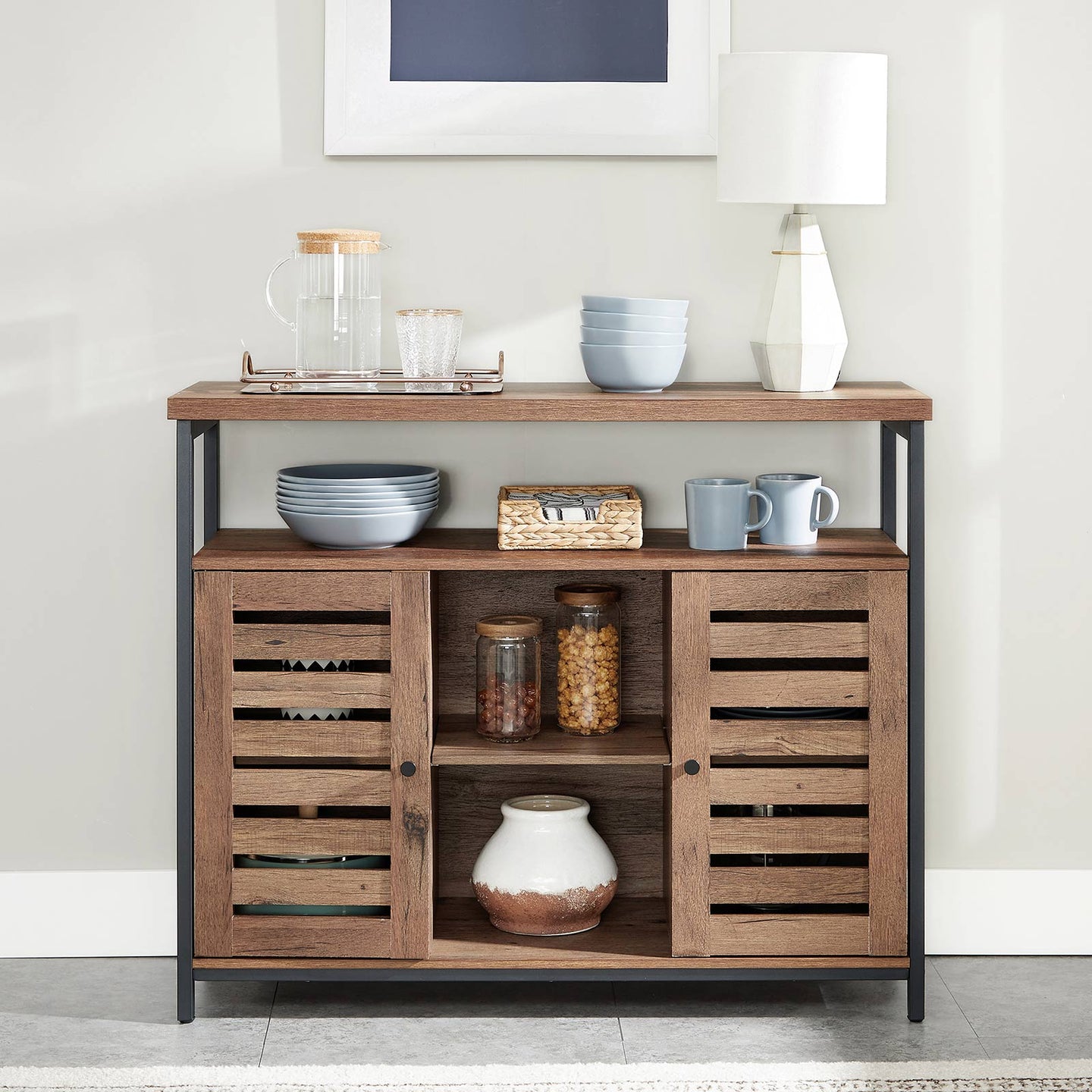 Floor Standing Cabinet - Wood - Greige and Black - Cupboard with Shelves and Louvred Doors