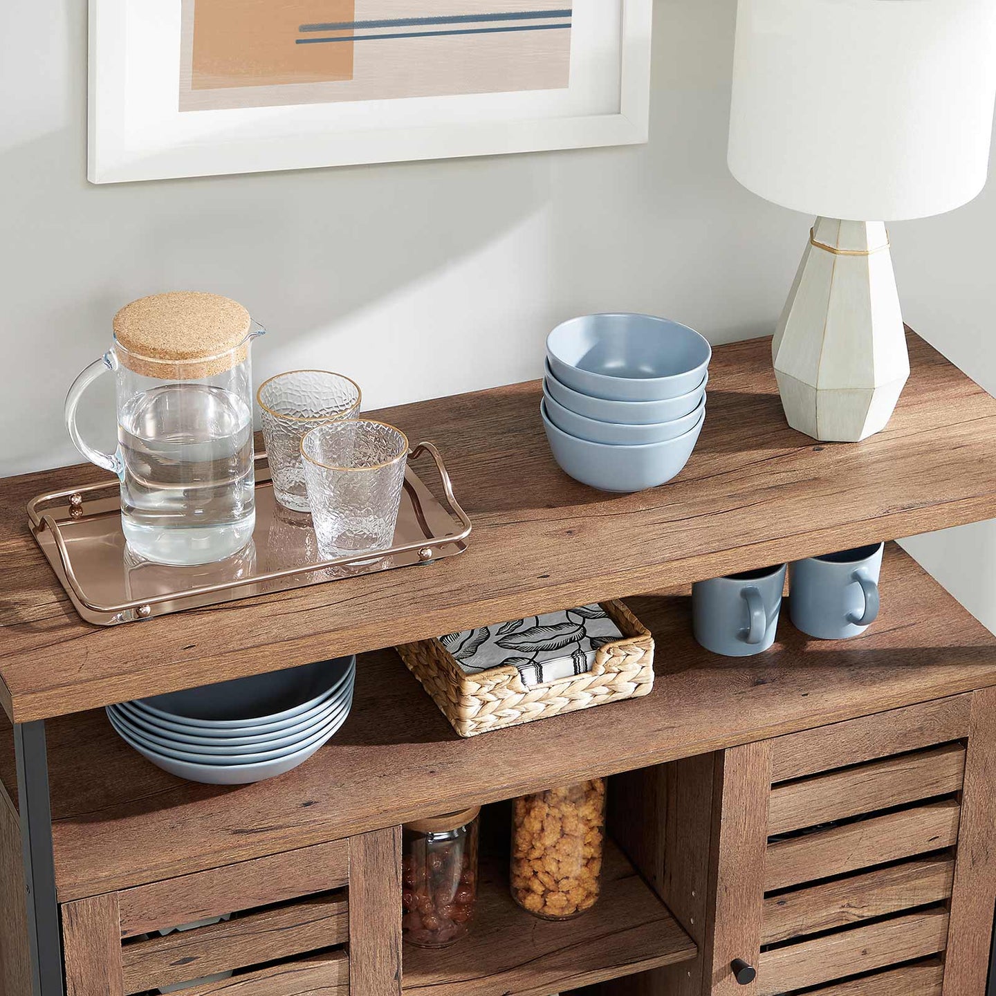 Floor Standing Cabinet - Wood - Greige and Black - Cupboard with Shelves and Louvred Doors