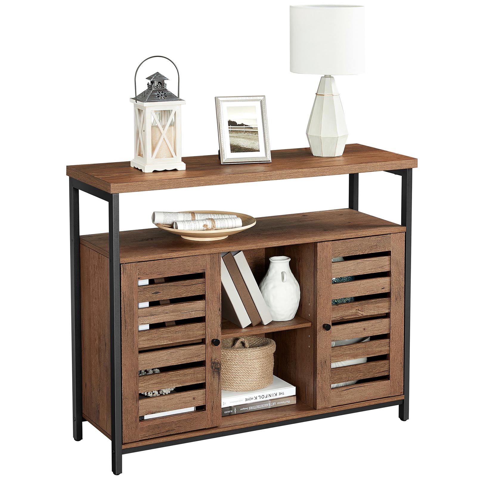 Floor Standing Cabinet - Wood - Greige and Black - Cupboard with Shelves and Louvred Doors