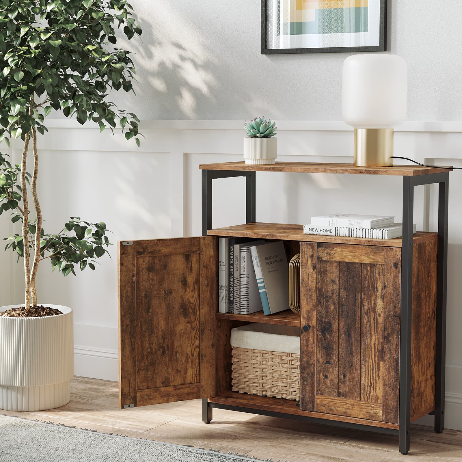 Storage Cabinet - Steel - Rustic Brown and Black - Enhanced Safety Features