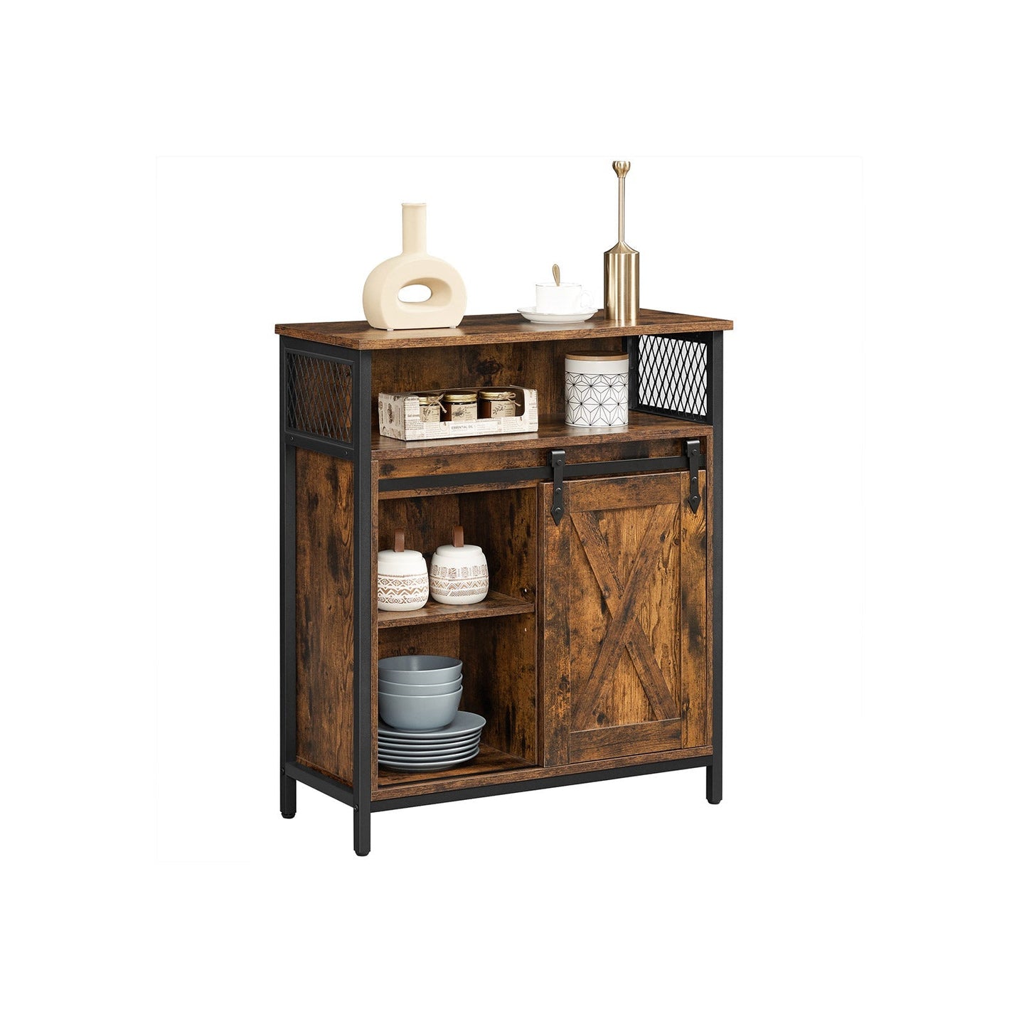 Storage Cabinet - Wood - Rustic Brown and Black - Sliding Barn Door with Adjustable Shelf