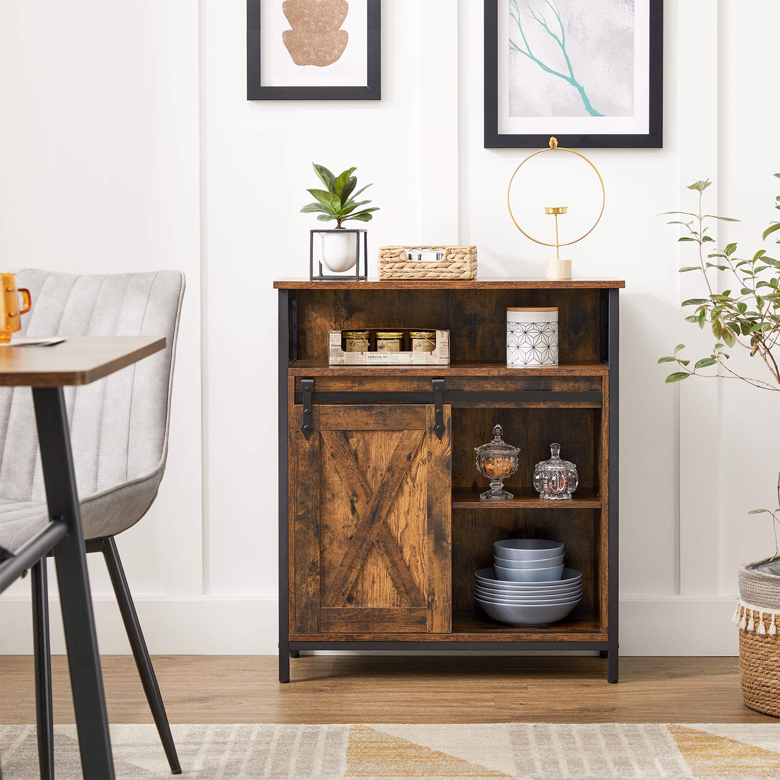 Storage Cabinet - Wood - Rustic Brown and Black - Sliding Barn Door with Adjustable Shelf