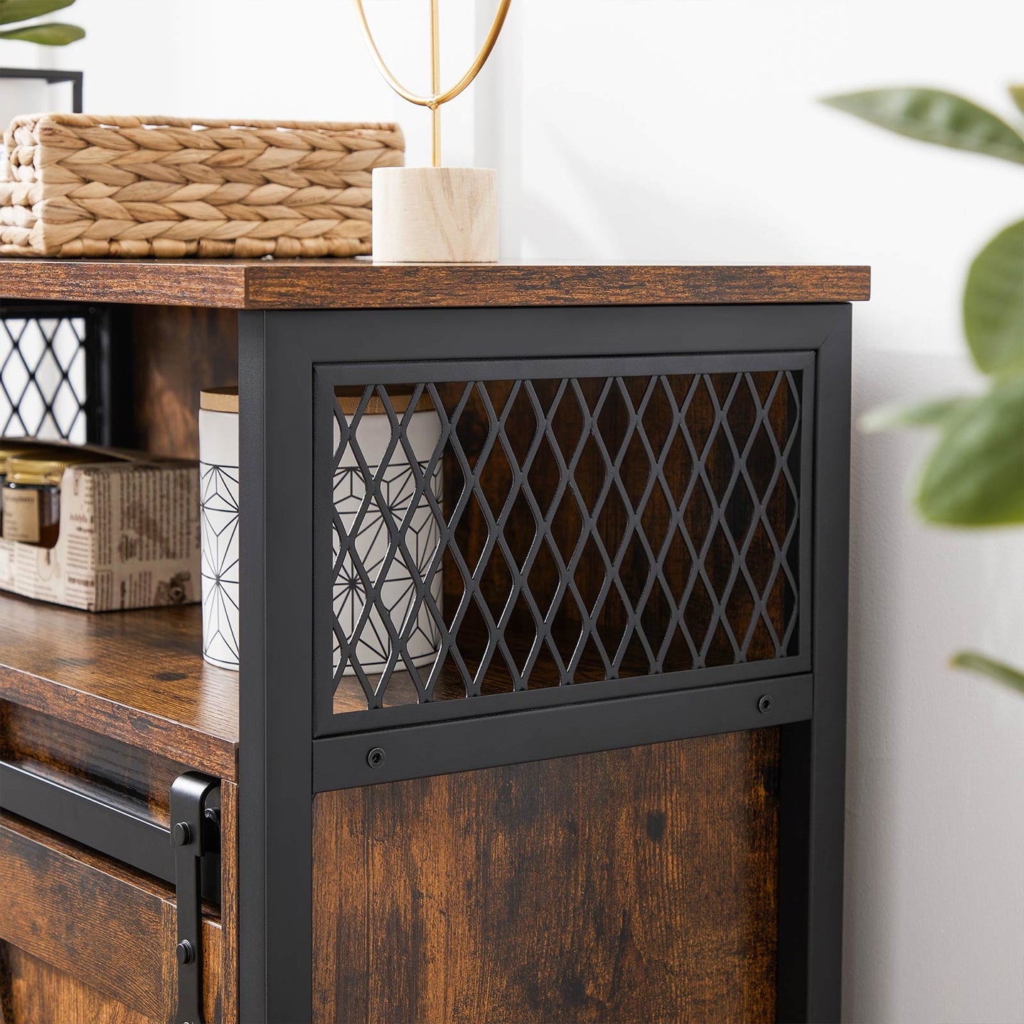 Storage Cabinet - Wood - Rustic Brown and Black - Sliding Barn Door with Adjustable Shelf