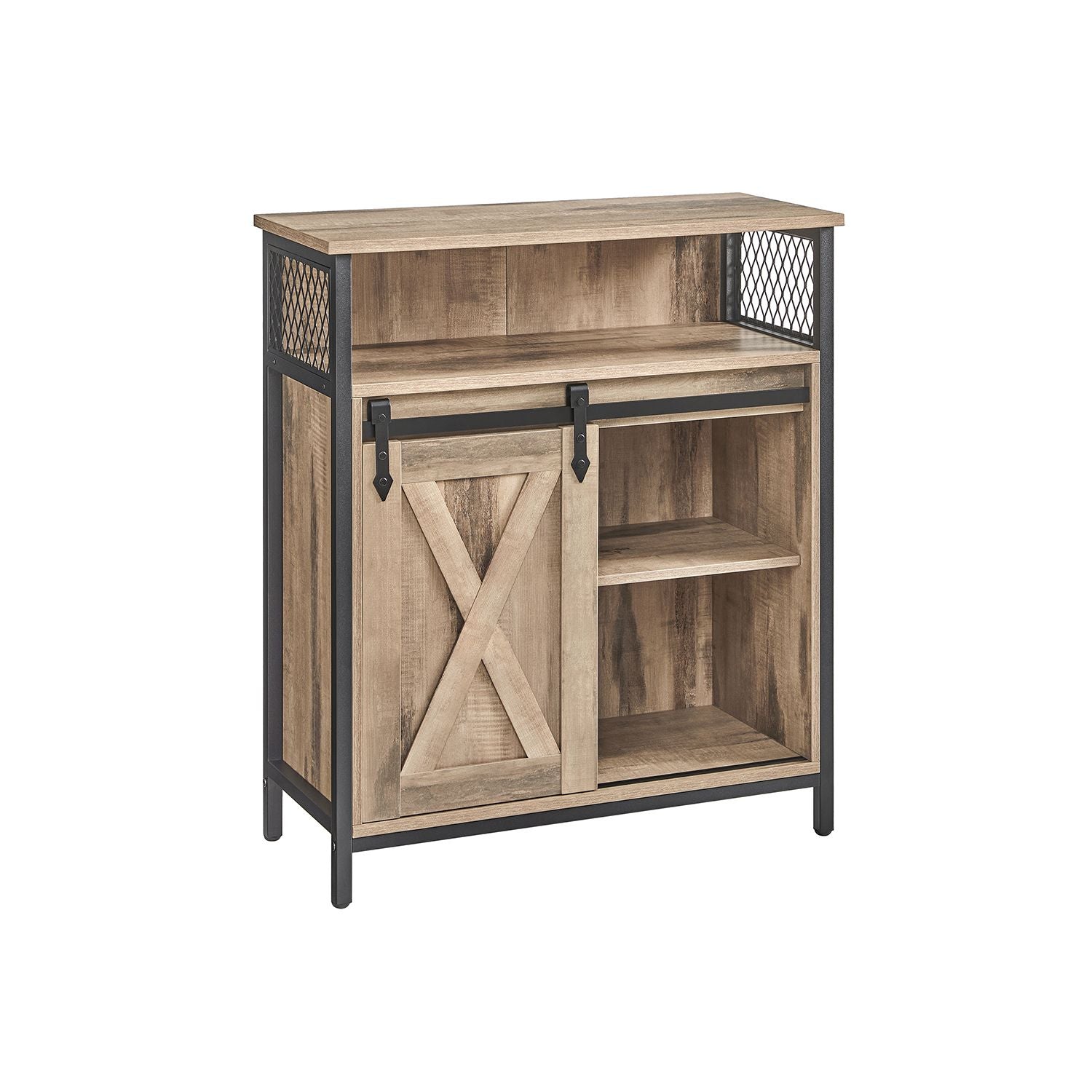 Kitchen Cupboard - Engineered Wood - Rustic Brown and Black - Sliding Barn Door with Adjustable Shelf