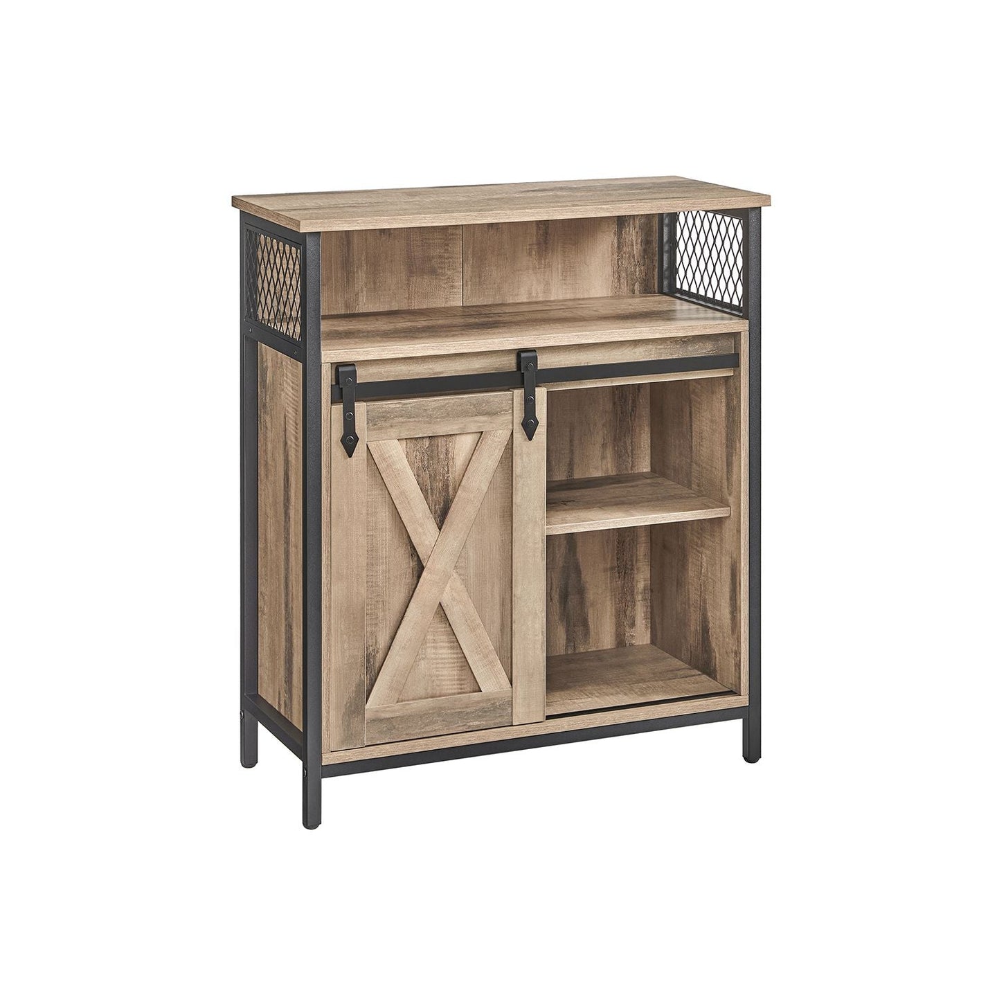 Kitchen Cupboard - Engineered Wood - Rustic Brown and Black - Sliding Barn Door with Adjustable Shelf
