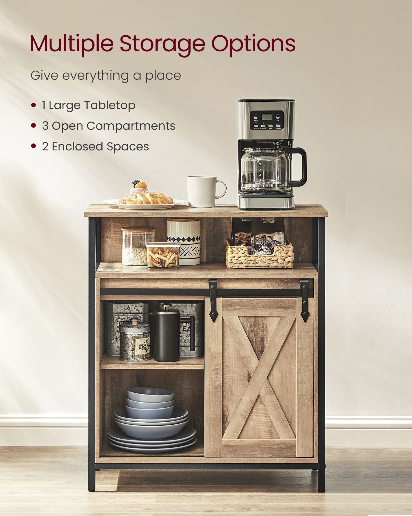 Kitchen Cupboard - Engineered Wood - Rustic Brown and Black - Sliding Barn Door with Adjustable Shelf