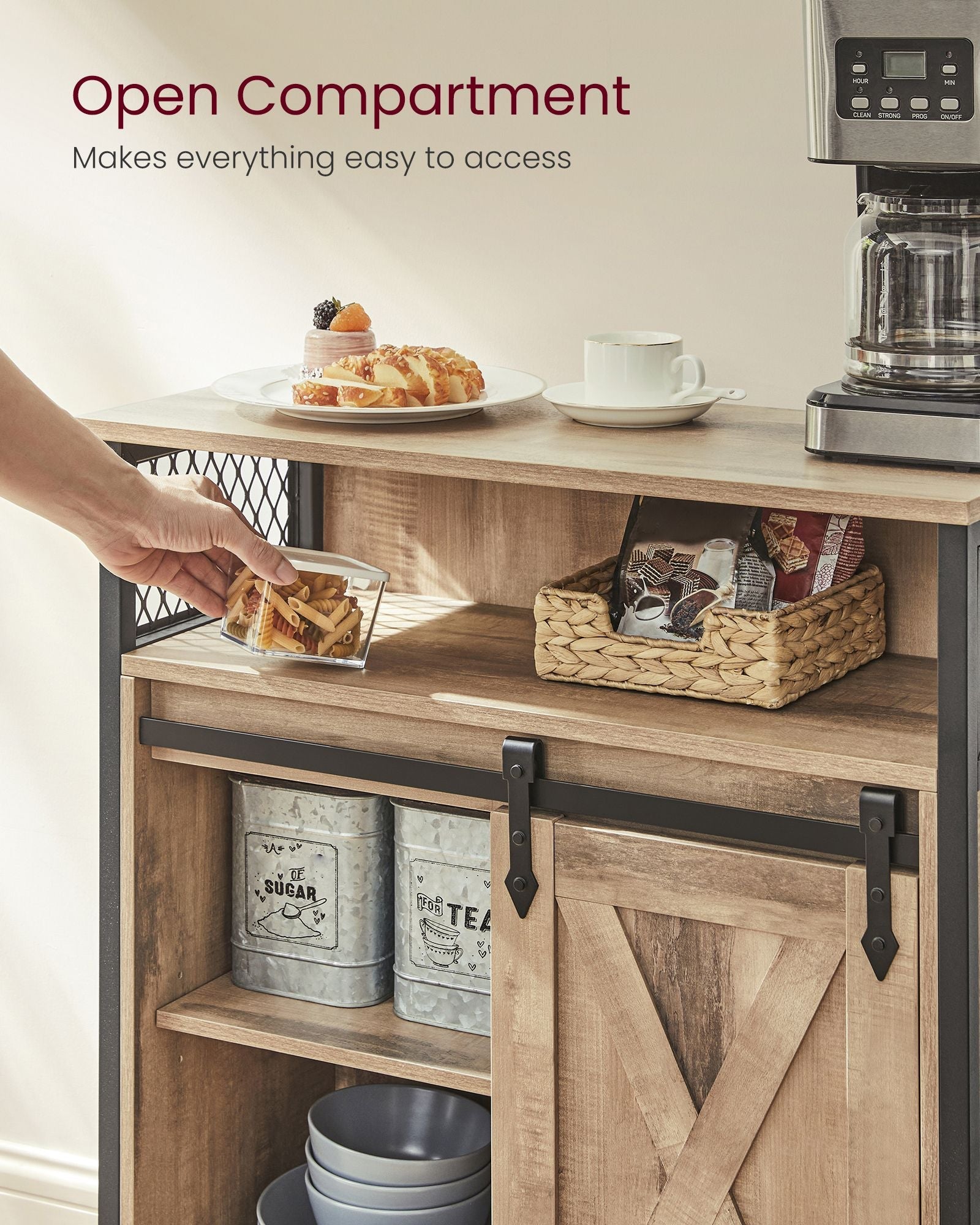 Kitchen Cupboard - Engineered Wood - Rustic Brown and Black - Sliding Barn Door with Adjustable Shelf