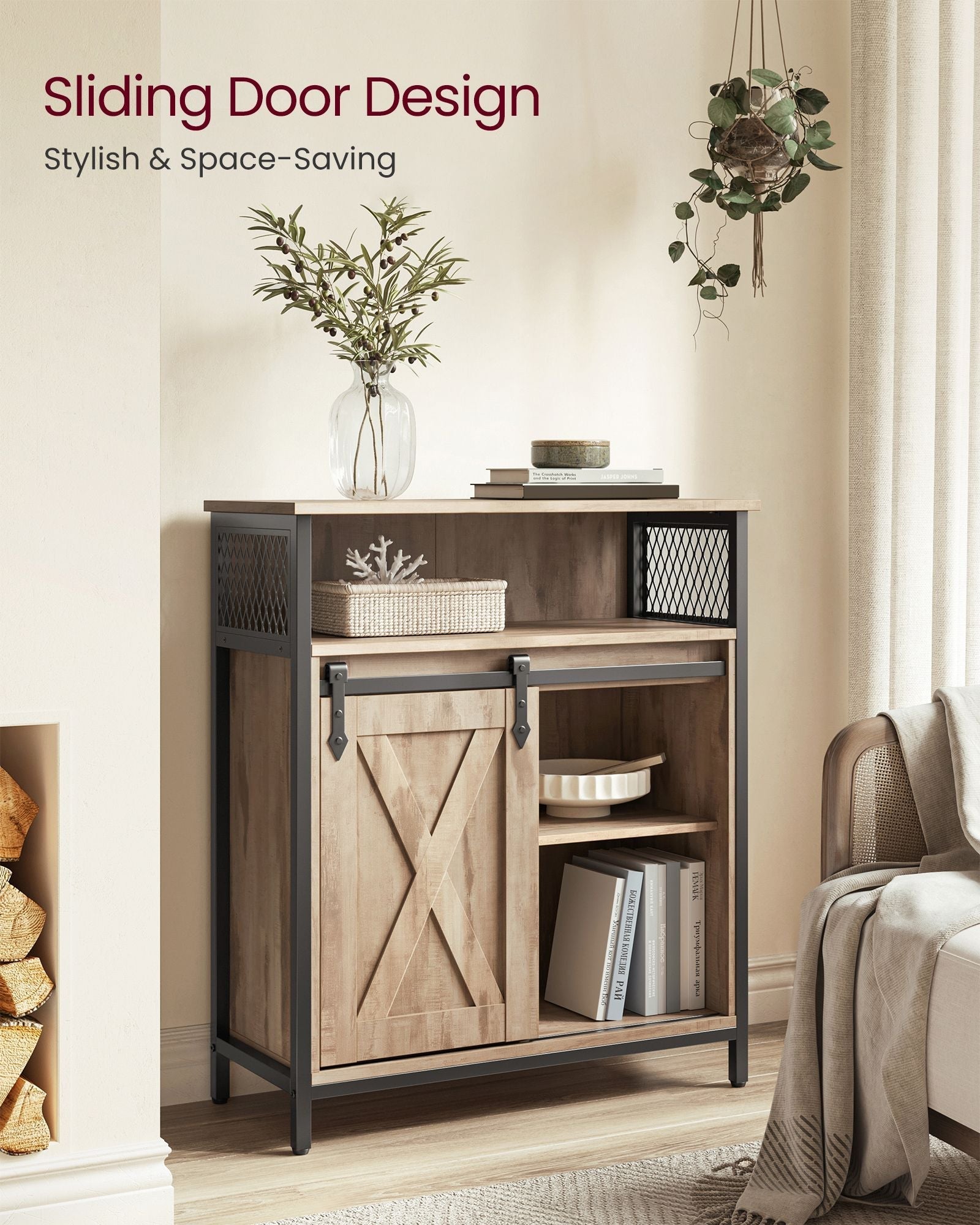 Kitchen Cupboard - Engineered Wood - Rustic Brown and Black - Sliding Barn Door with Adjustable Shelf