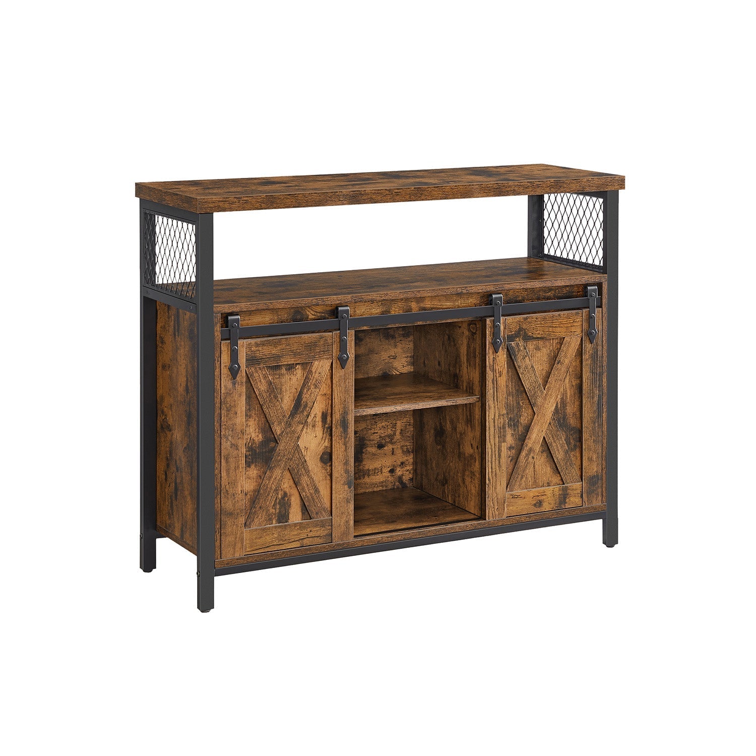 Industrial Dining Sideboard - Wood - Rustic Brown and Black - Adjustable Shelf with Sliding Barn Doors