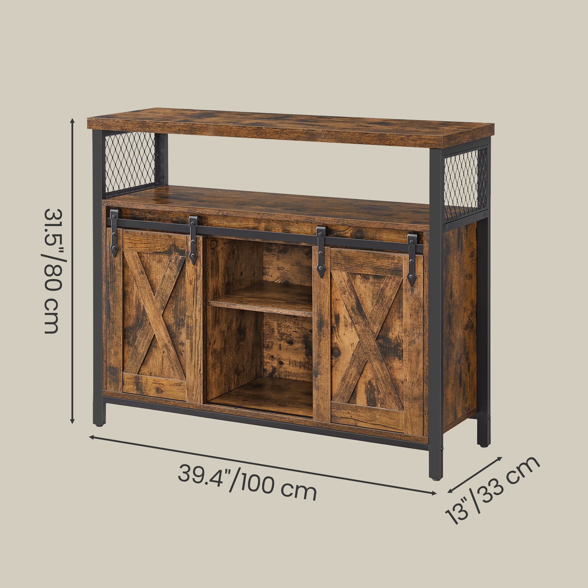Buffet Cabinet - Wood - Rustic Brown and Black - Sliding Barn Doors and Adjustable Shelves