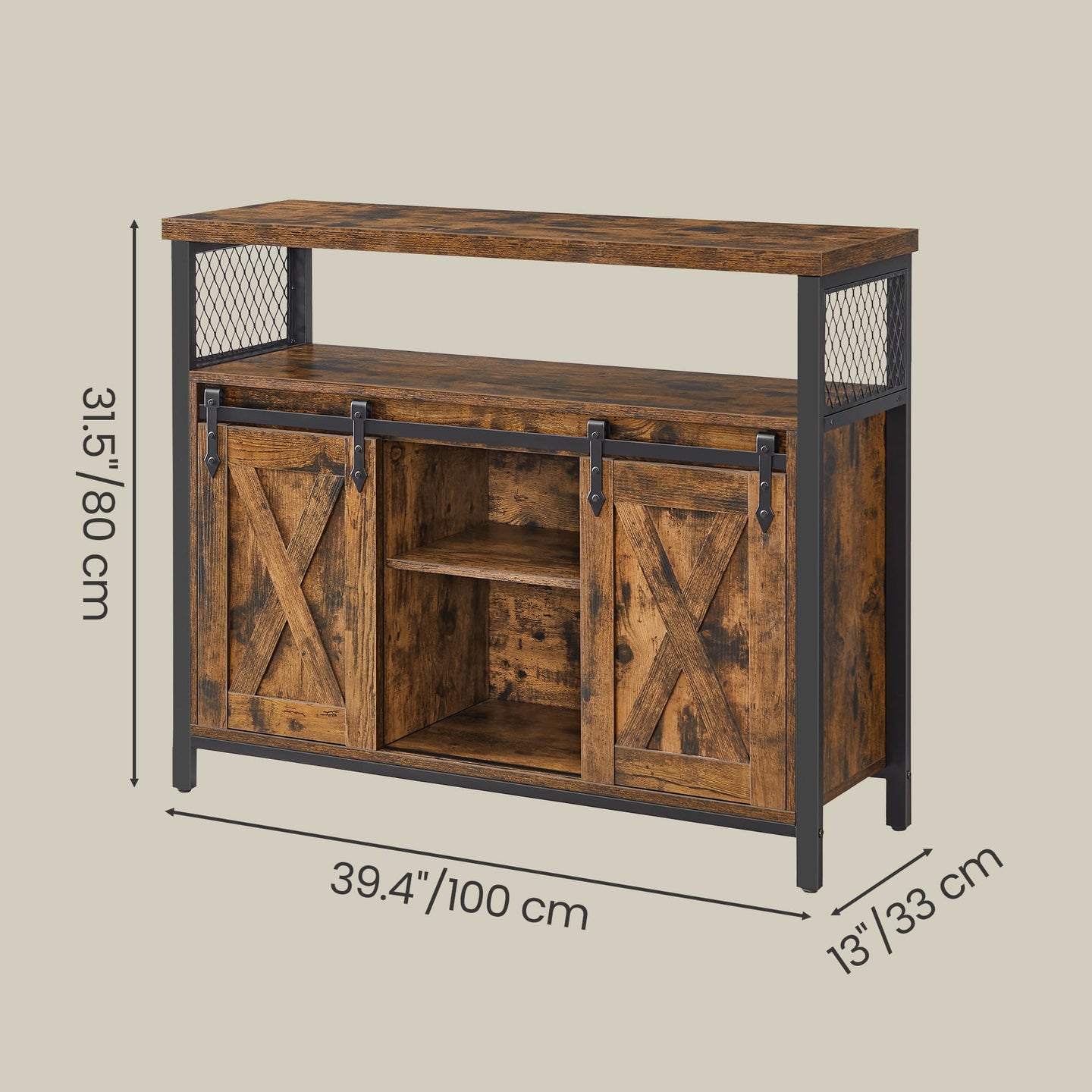 Buffet Cabinet - Wood - Rustic Brown and Black - Sliding Barn Doors and Adjustable Shelves