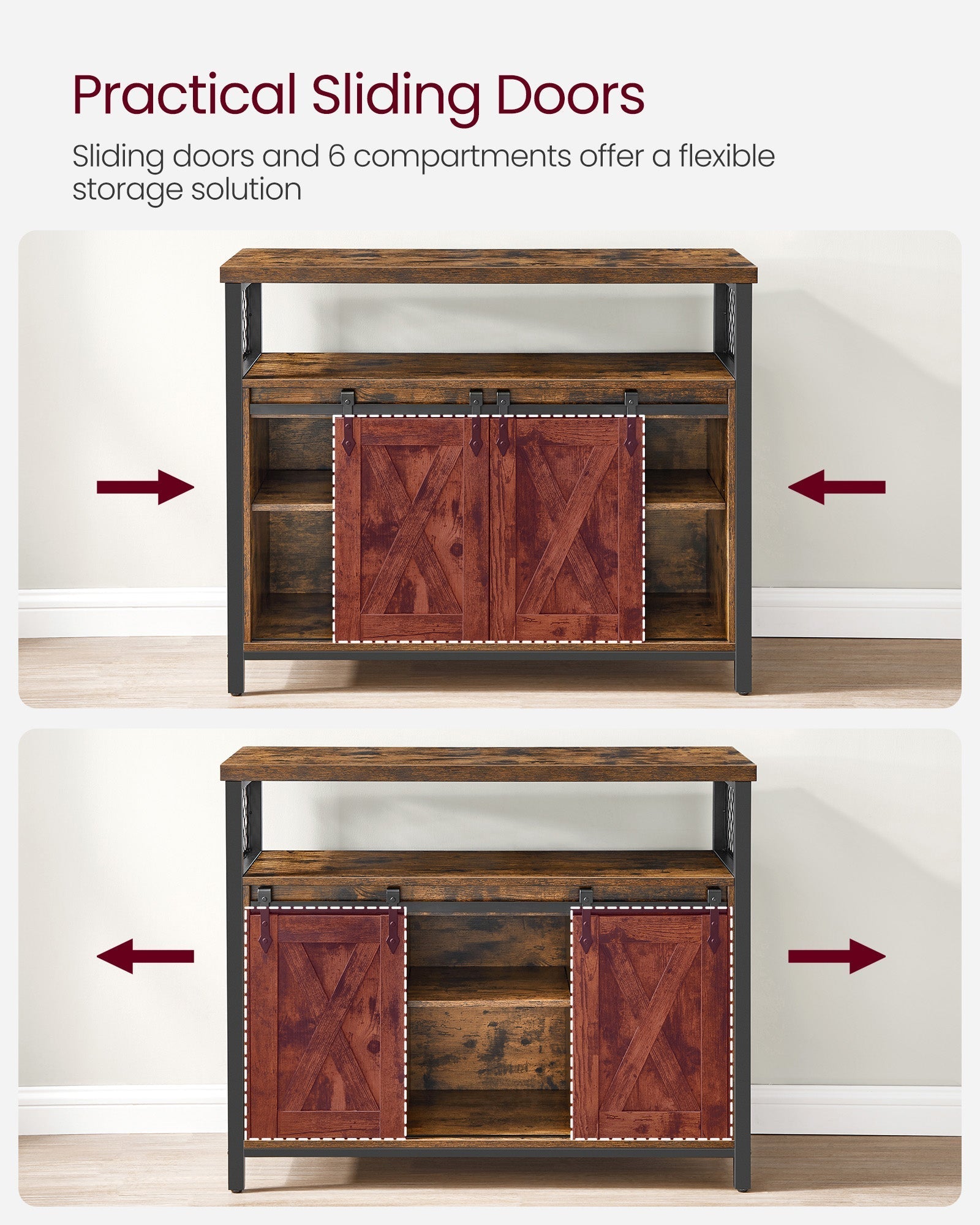Industrial Dining Sideboard - Wood - Rustic Brown and Black - Adjustable Shelf with Sliding Barn Doors