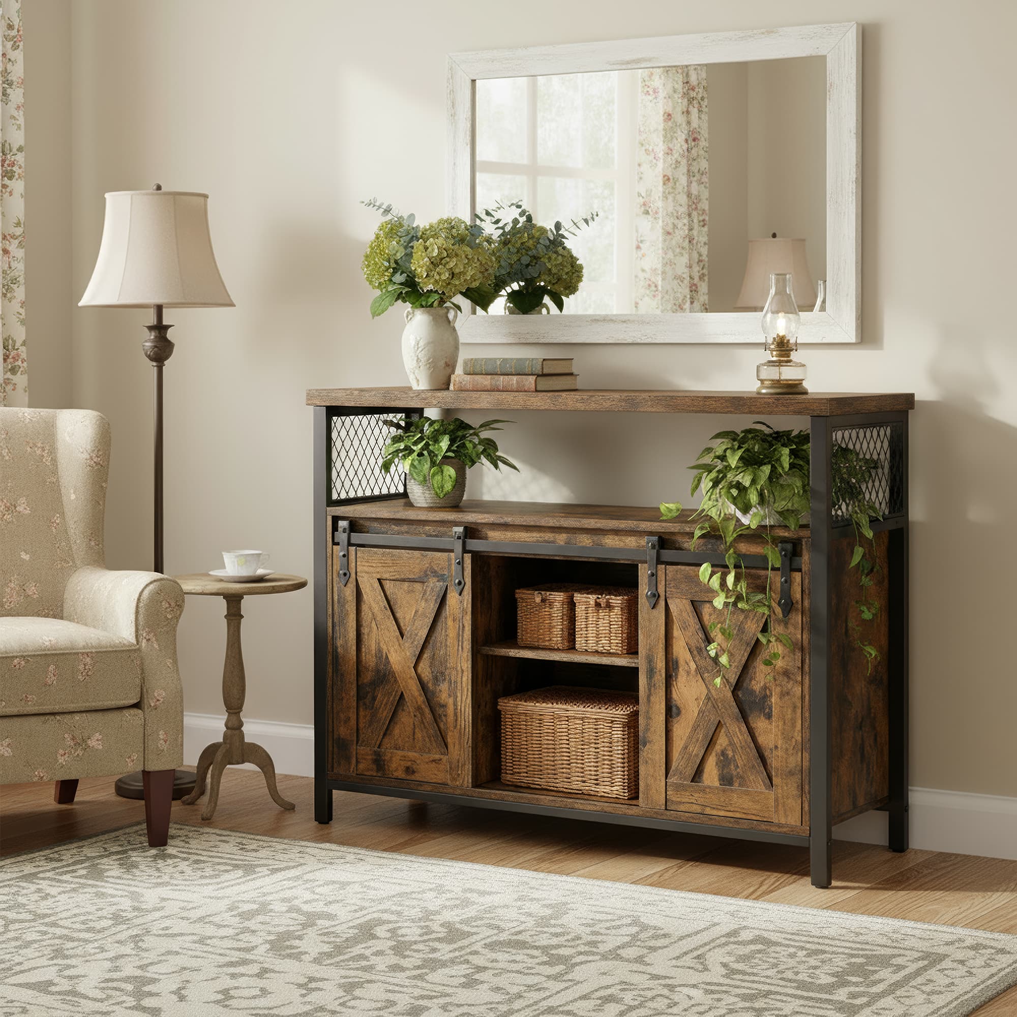 Buffet Cabinet - Wood - Rustic Brown and Black - Sliding Barn Doors and Adjustable Shelves