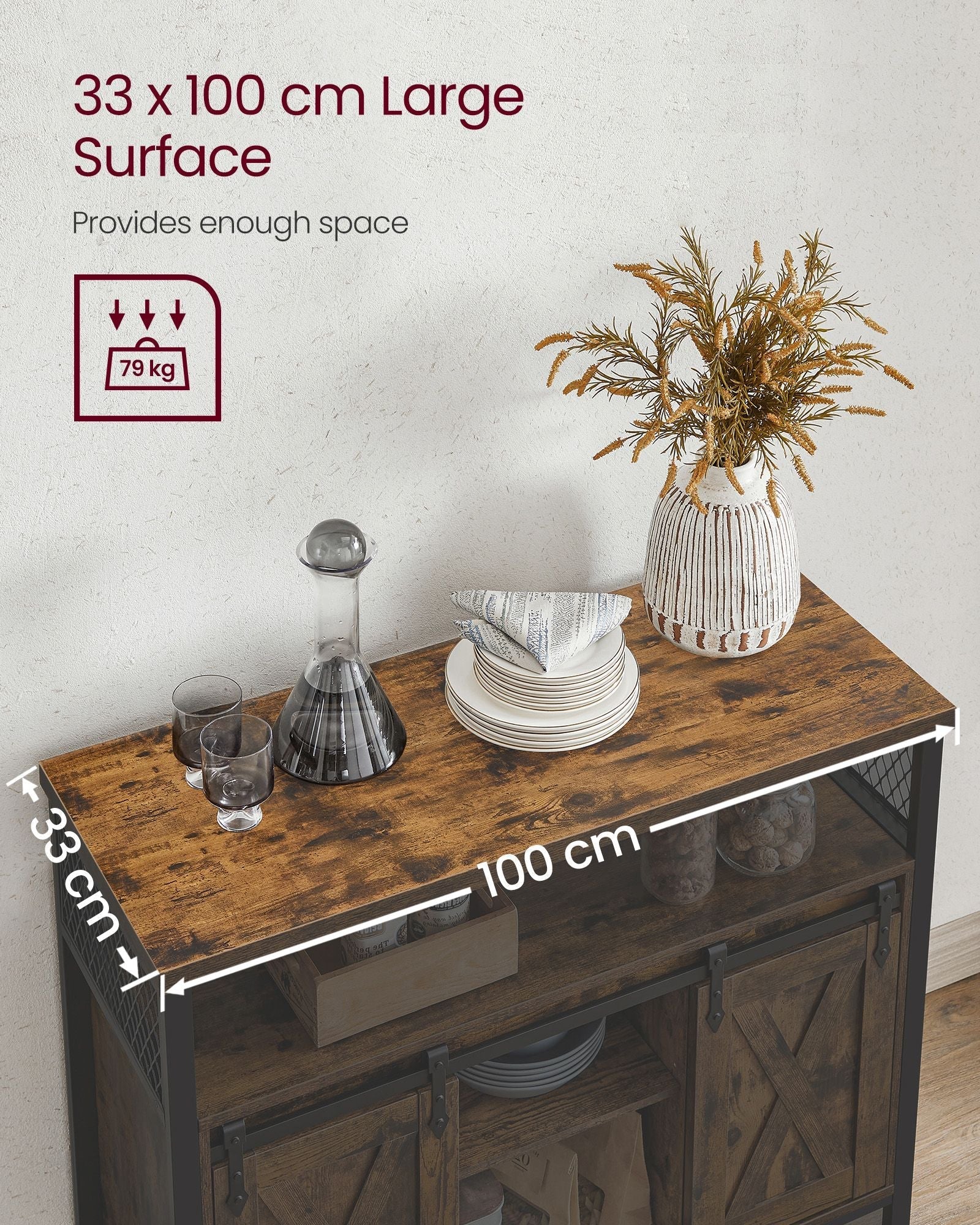 Industrial Dining Sideboard - Wood - Rustic Brown and Black - Adjustable Shelf with Sliding Barn Doors