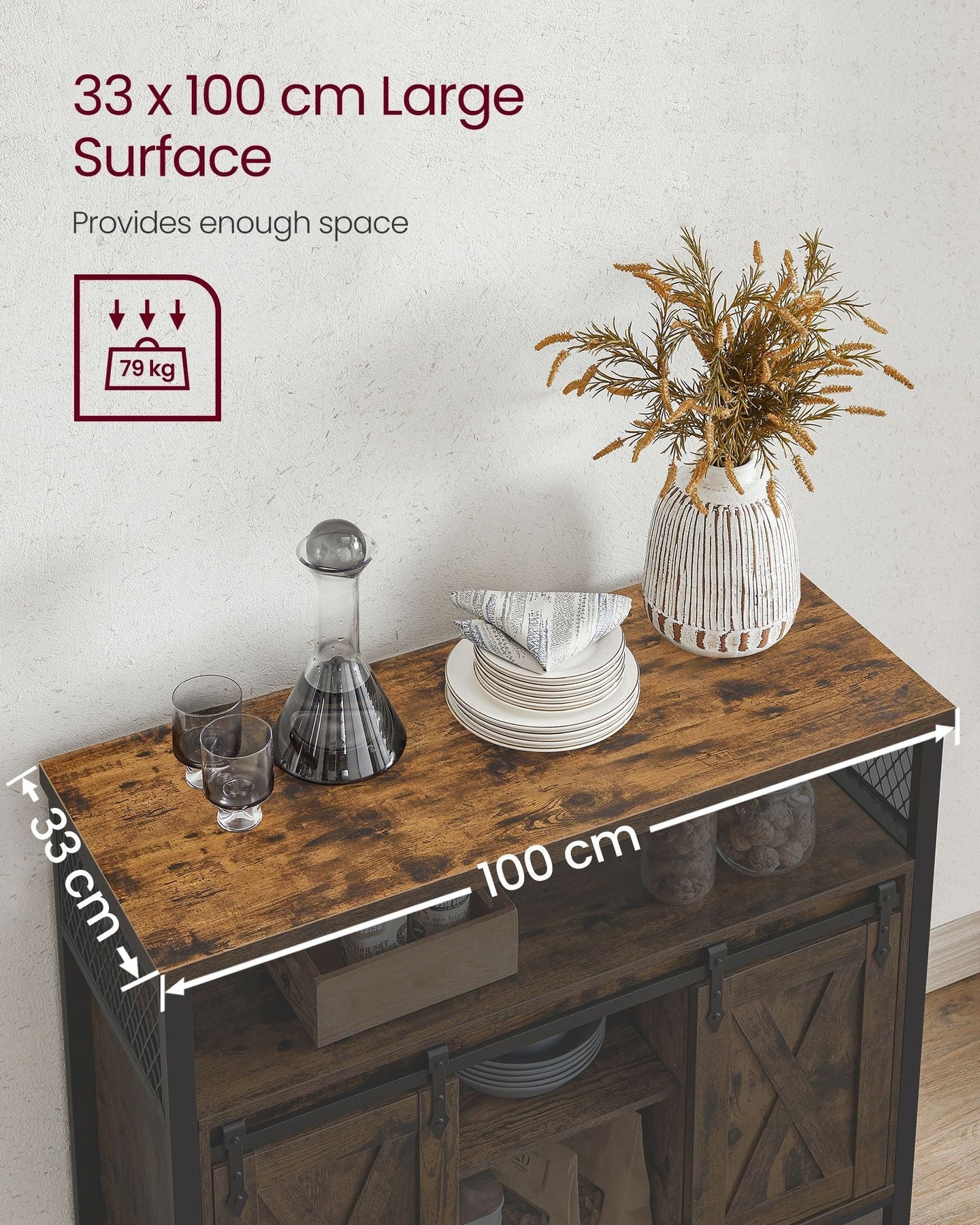 Industrial Dining Sideboard - Wood - Rustic Brown and Black - Adjustable Shelf with Sliding Barn Doors