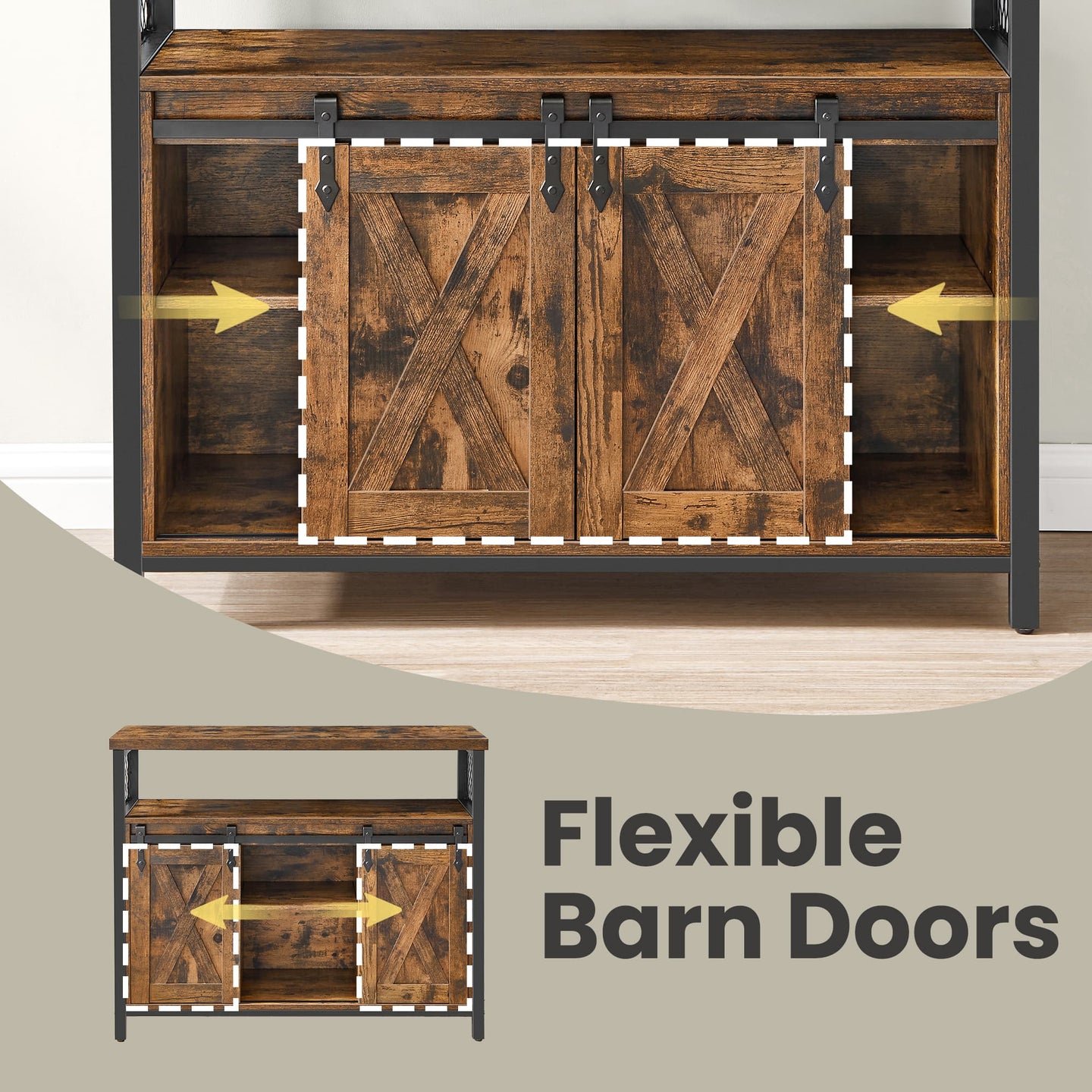 Buffet Cabinet - Wood - Rustic Brown and Black - Sliding Barn Doors and Adjustable Shelves