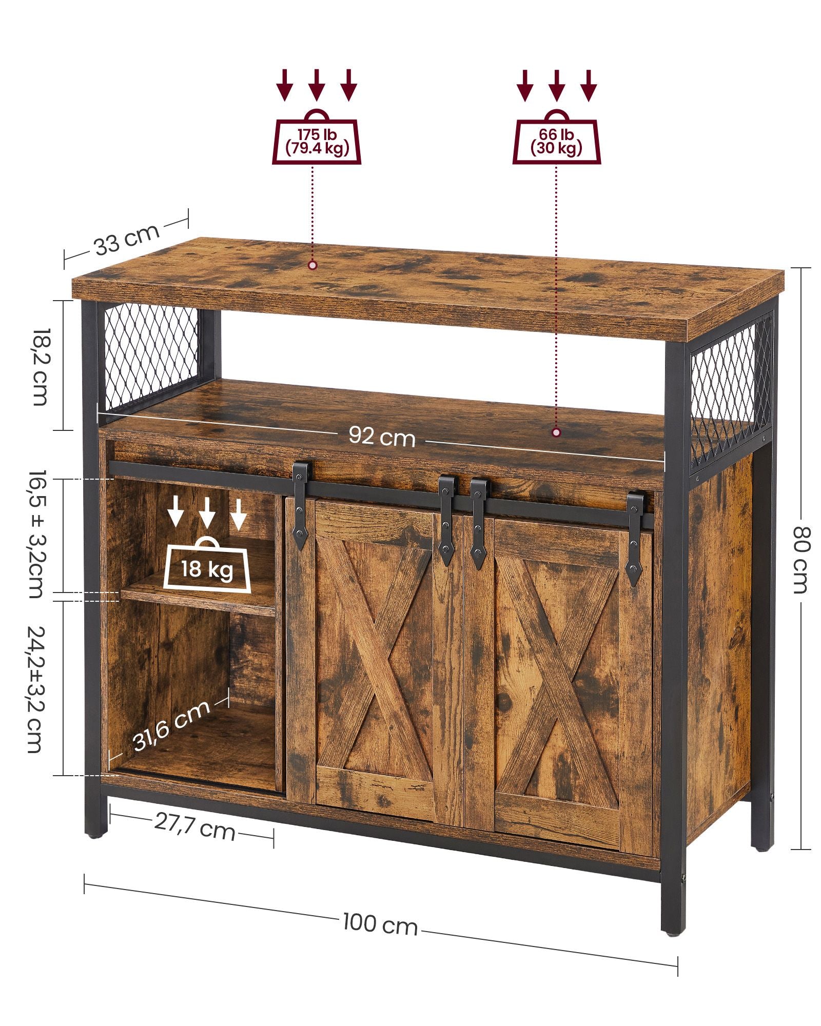 Industrial Dining Sideboard - Wood - Rustic Brown and Black - Adjustable Shelf with Sliding Barn Doors